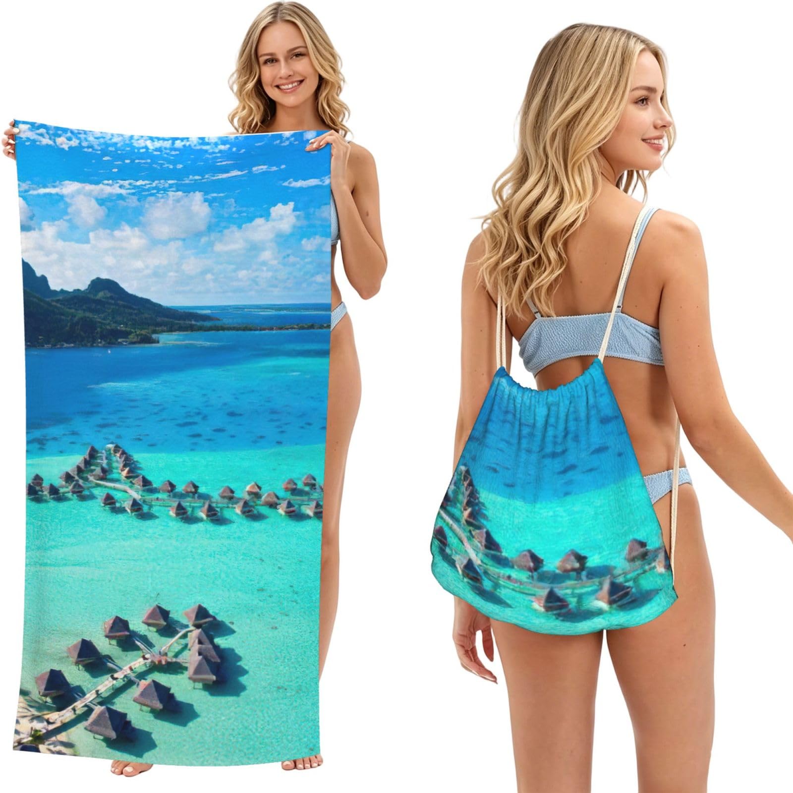 LMNvbz Beauty Beach Print 2 In 1 Packable Beach Towel Bag, Quick Dry Backpack Microfiber Mat For Camping, Travel, Vacation, Cruise, And Picnic