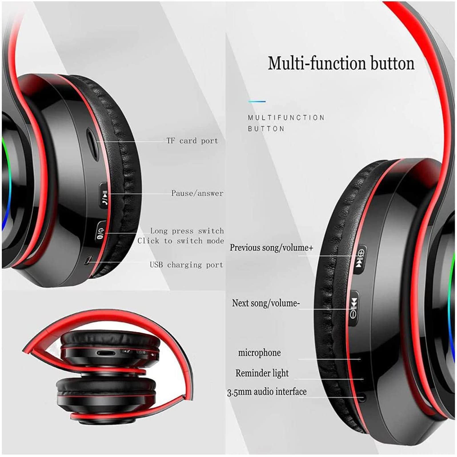 Cuffie Bluetooth over ear per bambini, con luci LED colorate, con microfono integrato, Bluetooth 5.0, cuffie stereo pieghevoli con cavo e senza fili, per aule, casa, ufficio, tablet, aereo (nero)
