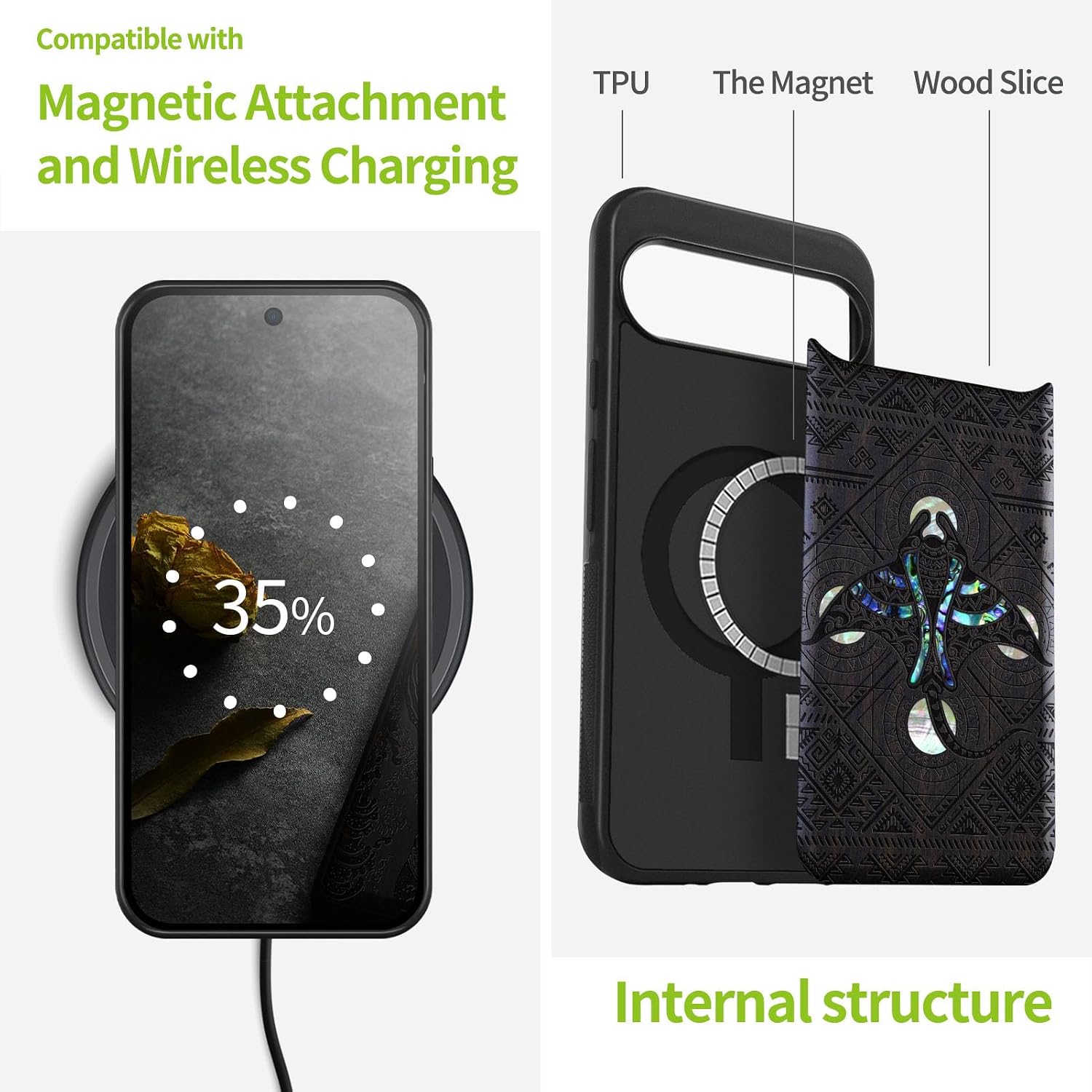 Carveit Magnetic Wooden Case for Google Pixel 9 Pro XL Case, Wood Artisan Engraved & Handmade Shell Inlaid, Compatible with MagSafe Wireless Chargers, The Tribal Manta Rays - Blackwood