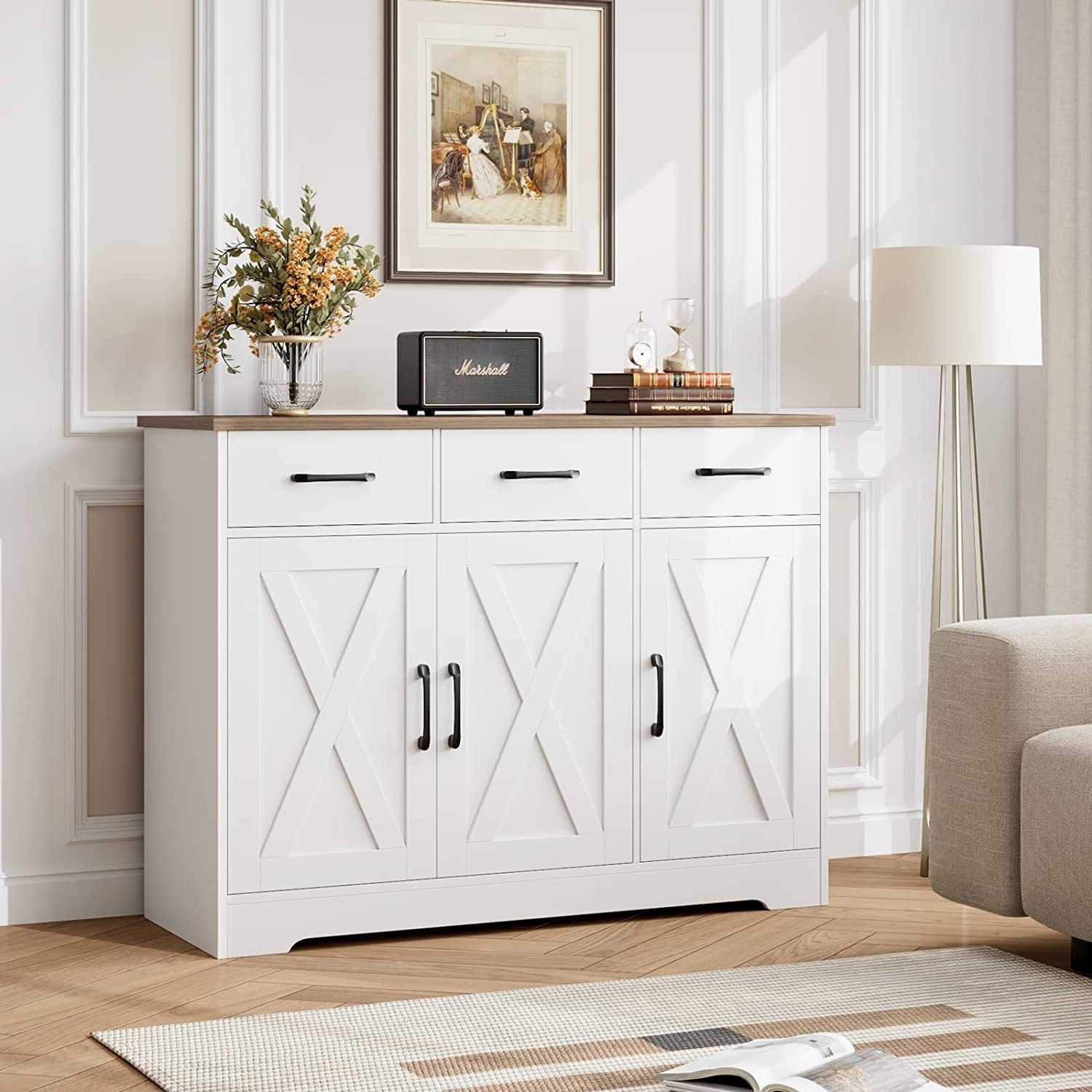 Gabinete de Cocina Gabinete Buffet con Panel Lateral de Granja, Puerta Granero