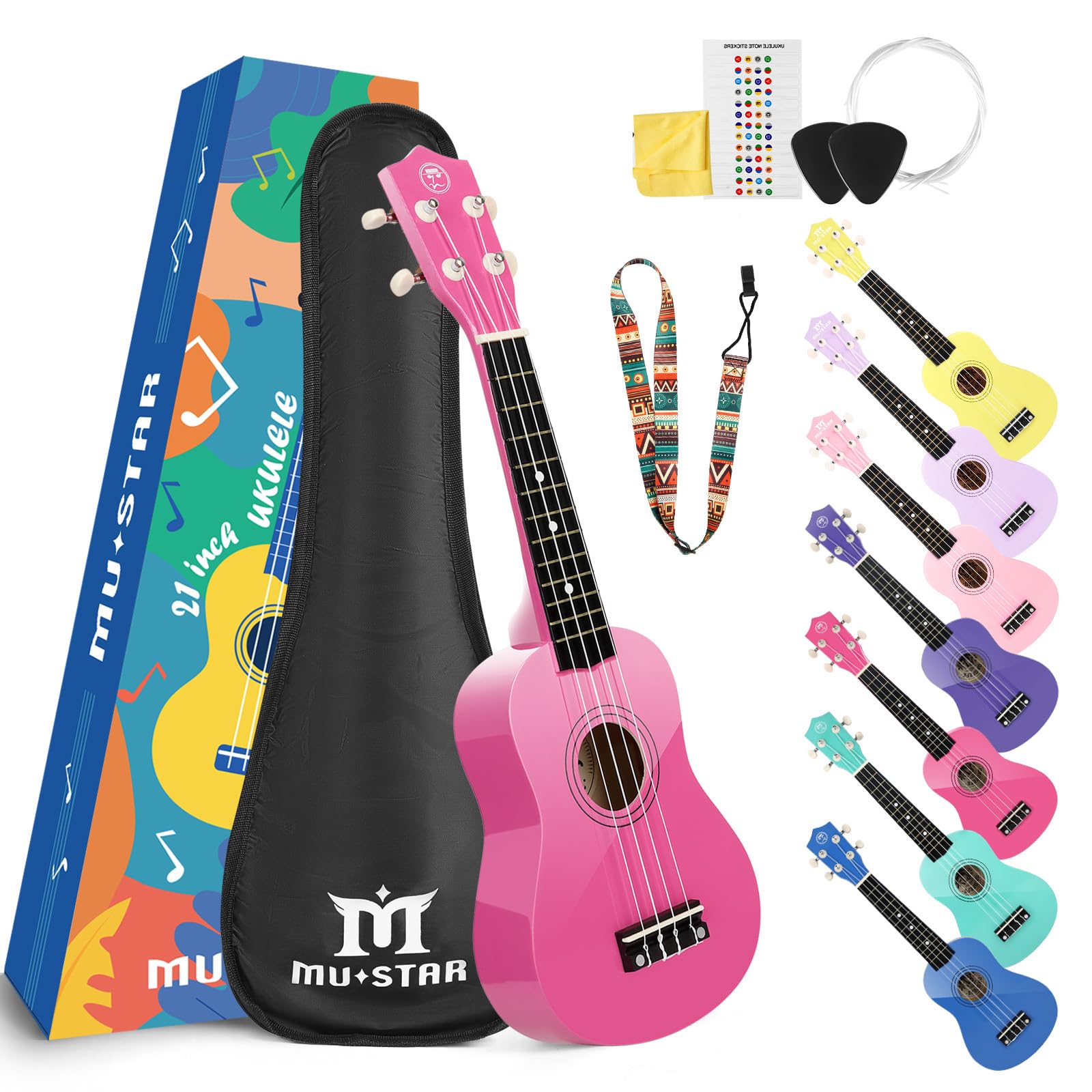 Hochglänzende Sopran-Lasenholz-Ukulele, 53,3 cm, Starter-Set für Anfänger mit Gigbag/Clip-Stimmgerät, Kinder-Ukulele, Ukulele, Hawaii-Mini-Gitarre für Kinder, Erwachsene und Anfänger