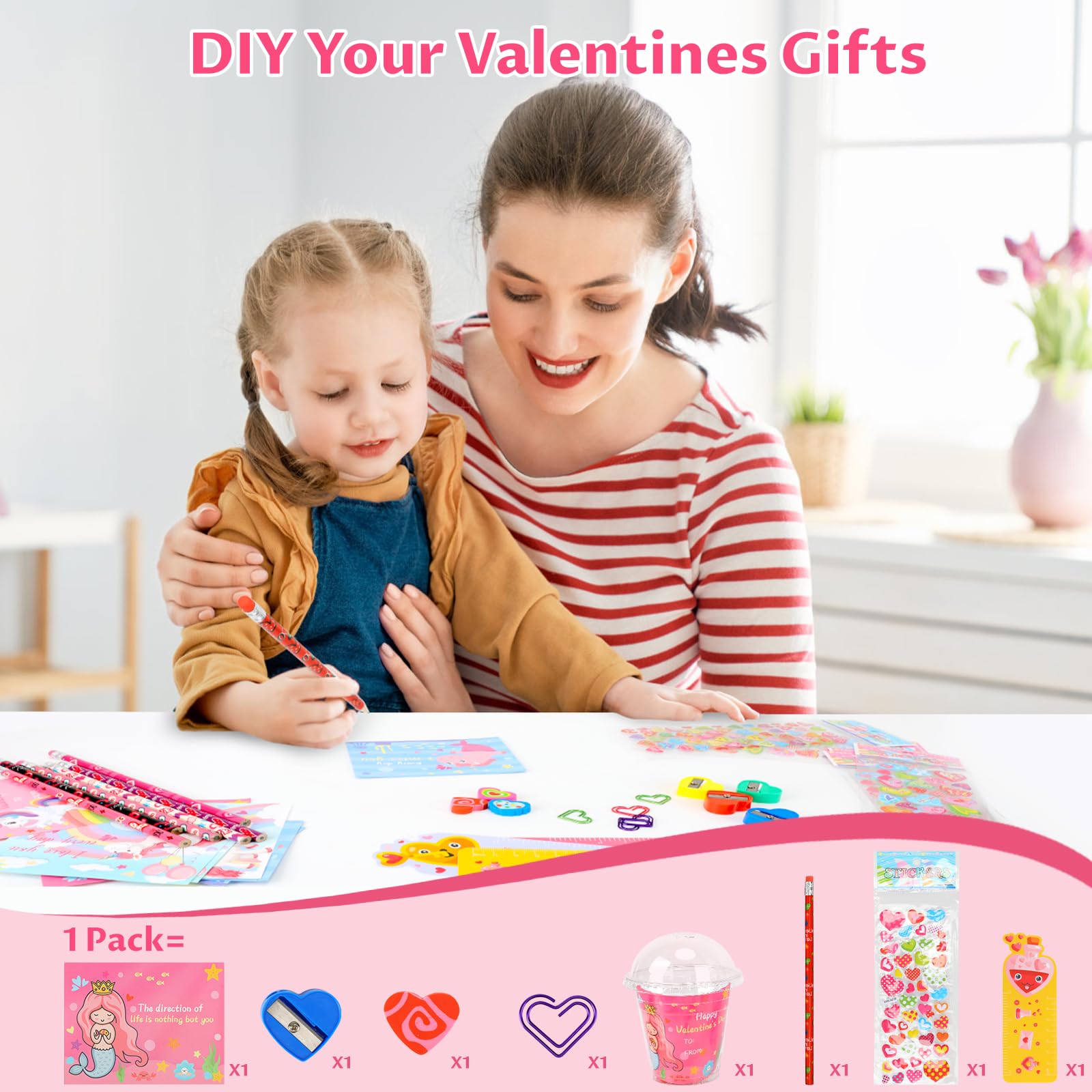 Valentines Day Gifts For Kids Classroom - Valentine Party Favor Exchange For School - 24 Pack Valentines Class Stationery Gift With Cards Pencils Erasers Rulers Sharpener Stickers Cups And Heart Clips