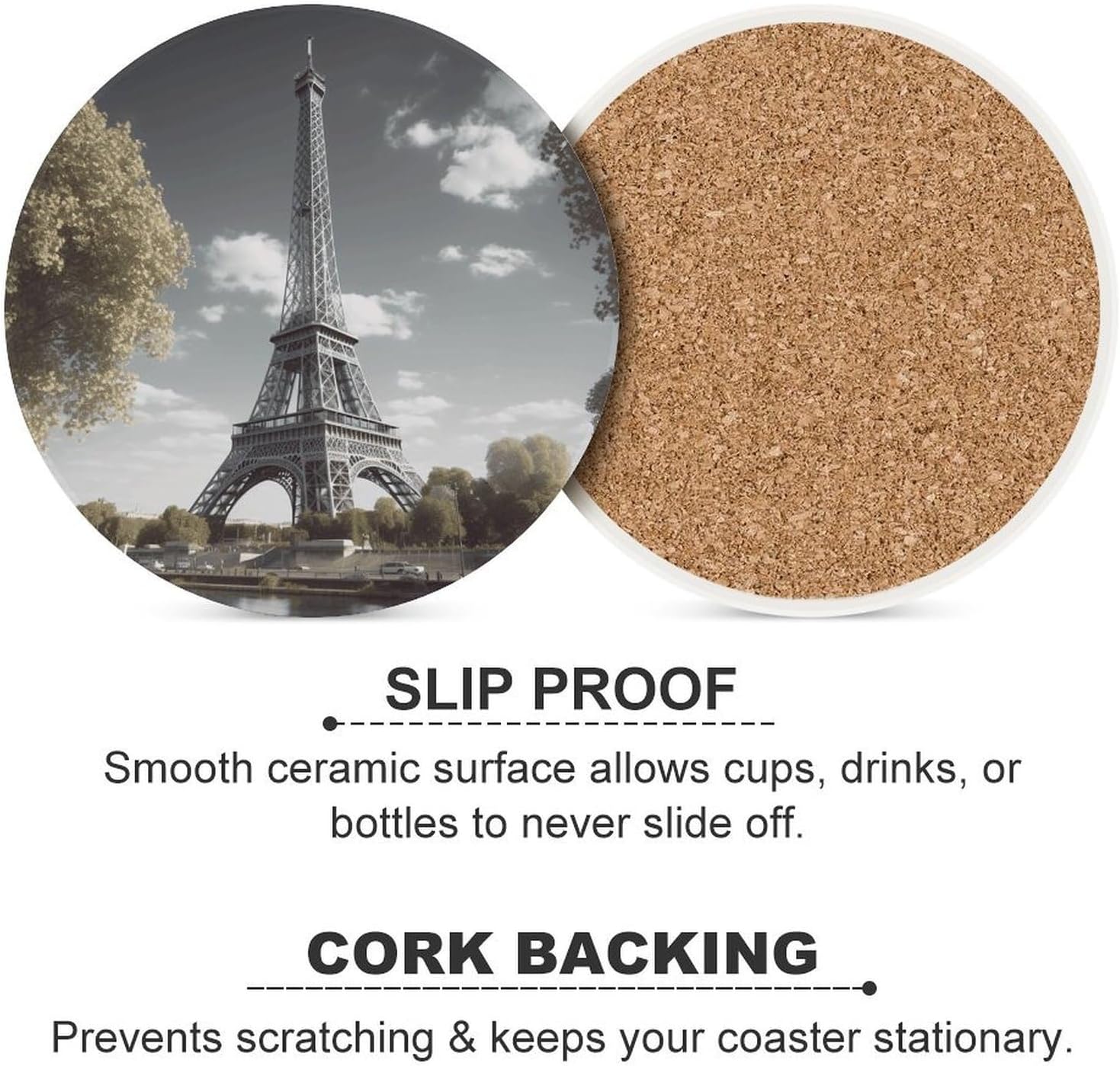 6PCS Eiffel Tower Coasters Non-Slip Round Drink Coasters with Ceramic Stone and Cork Base, Heat Resistant Absorbent 33.00Stone Coaster Set for Kinds of Mugs and Cups, 4 Inch