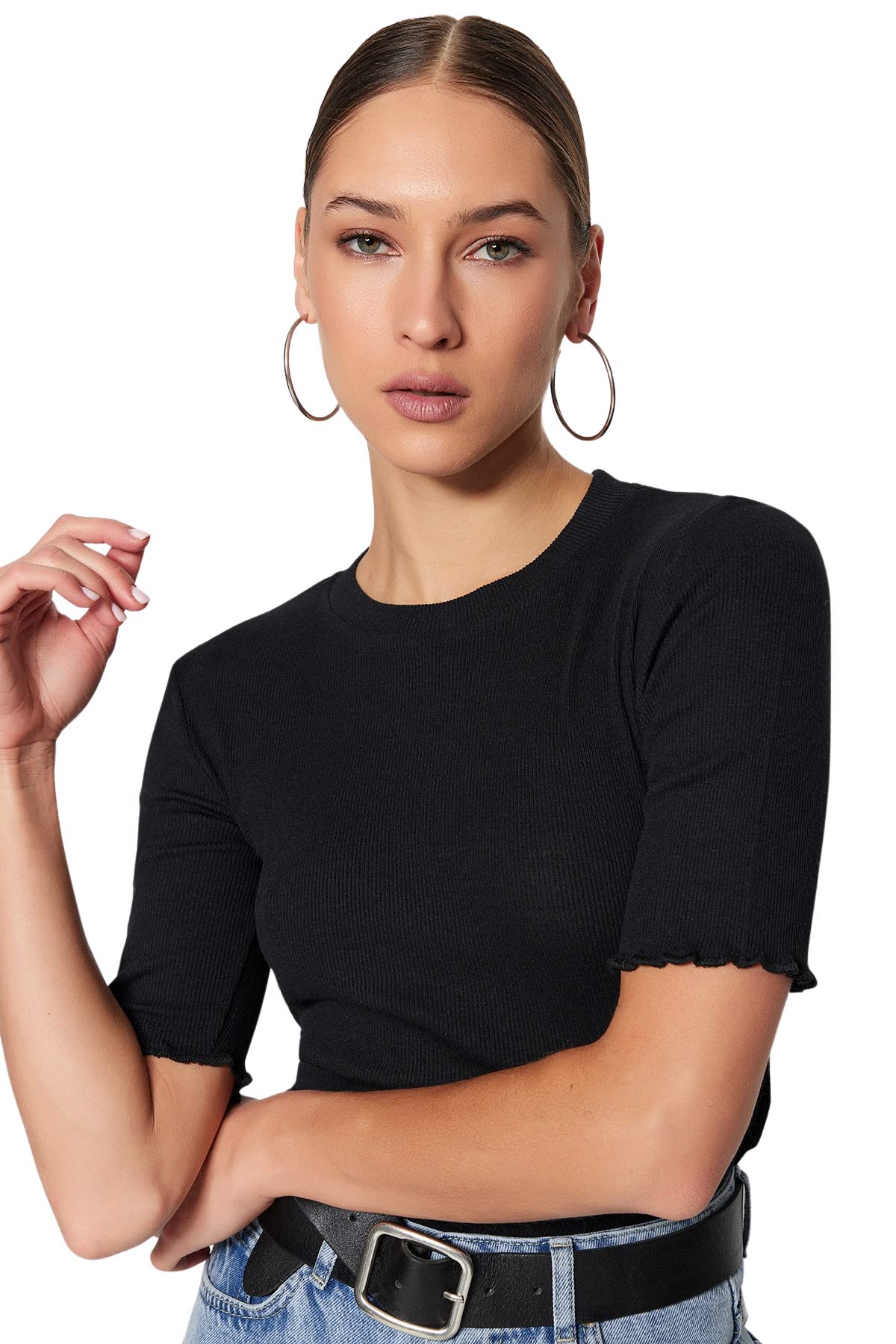Trendyol Collection Damen Schwarz Schwarze, Taillierte Stretch-Strickbluse Für - Extra Groß