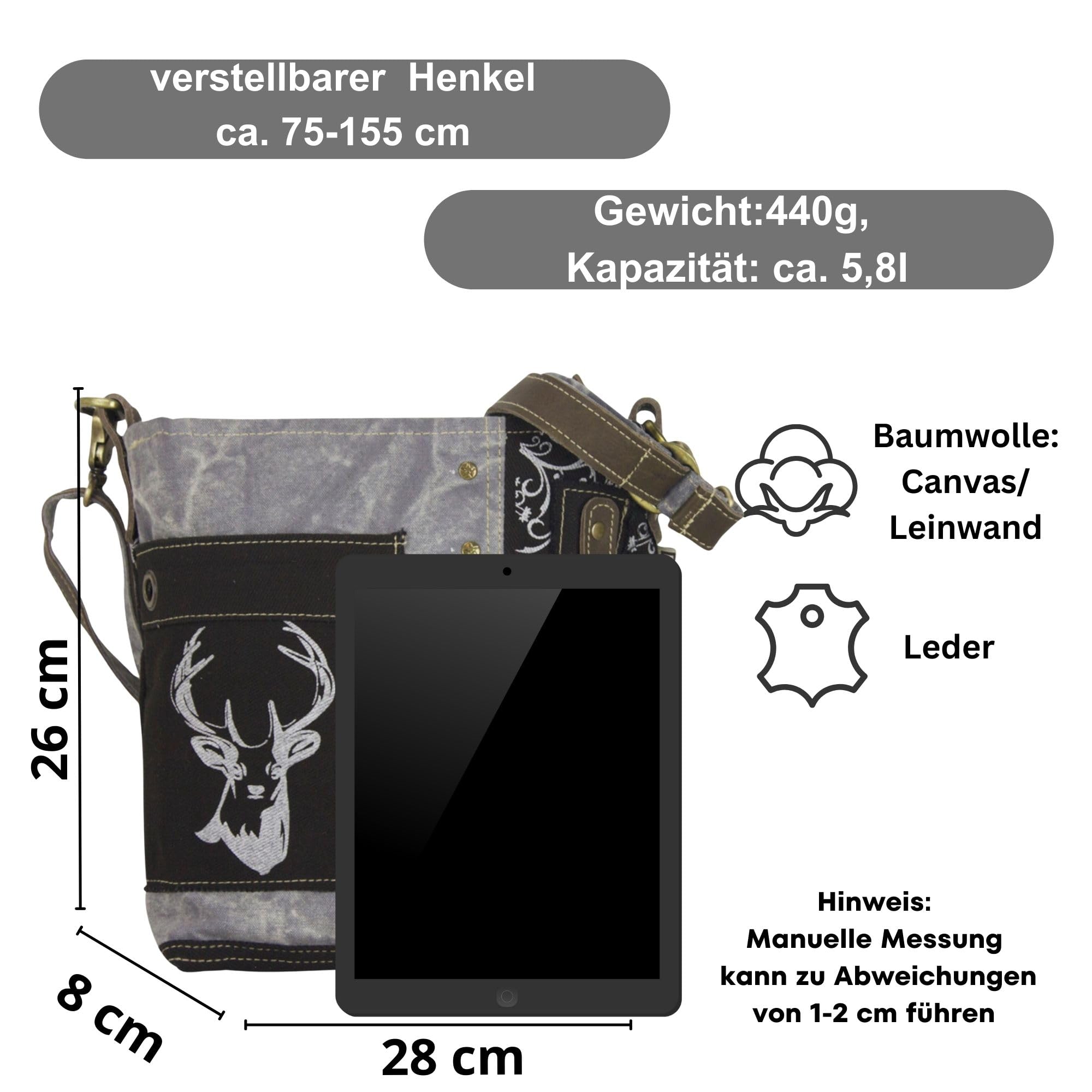 Domelo Trachtentasche. Kleine schwarze Umhängetasche. Oktoberfest Damen Crossbody Bag mit Hirsch Aufdruck. Canvas Tasche als Geschenk für Trachtenmode Liebhaber