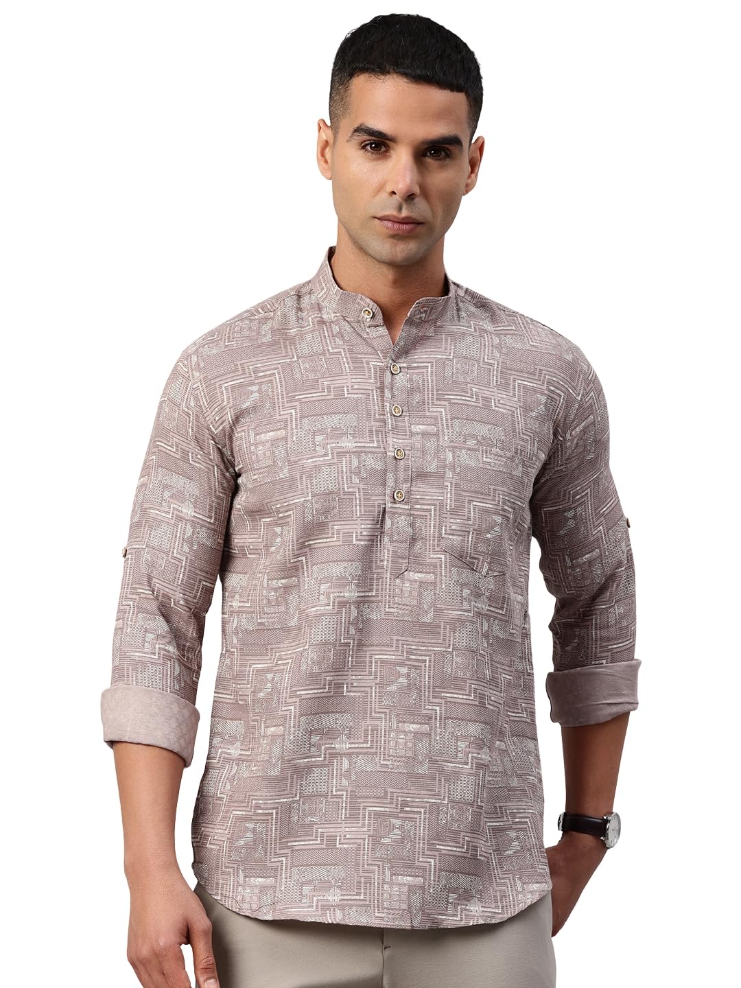 majestic man Men's Pure Cotton Printed Mandarin Collar Slim Fit Roll-Up Sleeves Short Kurta-picture-17
