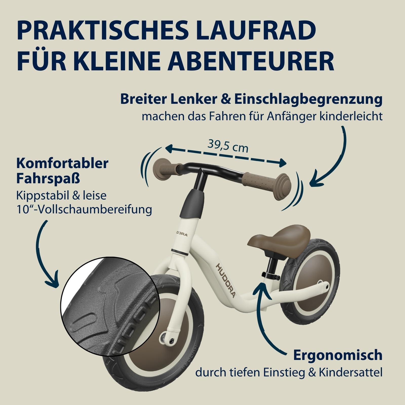 HUDORA Laufrad Cruisy 10 Zoll - Hochwertiges Lernrad ab 15 Monaten - Leichtes Lauflernrad mit Verstellbarer Sattelhöhe - Rutschfahrzeug für Kinder von 78-100 cm - Robustes Kinderfahrzeug - Mocha
