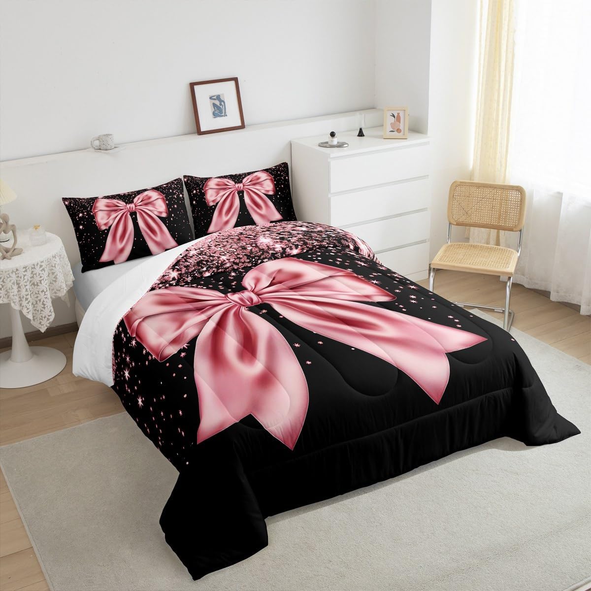 Pink Bowknot Kids Comforter Set Queen Size,Pink Glitter Dreamy Girlish Bedding Set,Girls Boys Adults Room Decor,Beauty Glamorous Fashion Down Comforter,Sweet Romantic Duvet Insert,2 Pillowcases