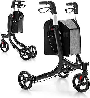 GYMAX 3 Wheel Rollator Walker, Folding Aluminum Rolling Walker w/Zippered Storage Bag, Safe Dual Brake System, Lightweight Medical Standard Rollator for Elderly Seniors (Black)