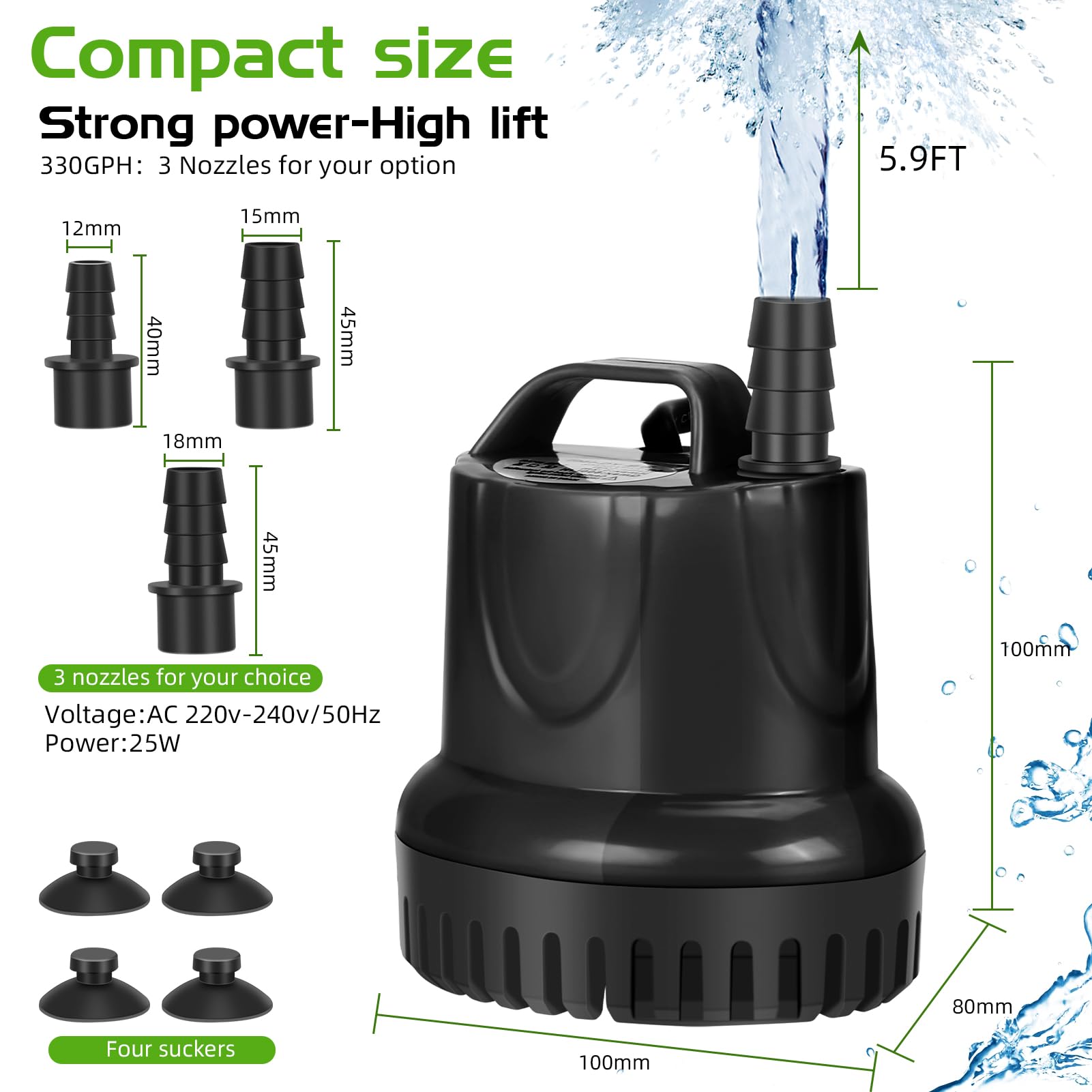 Pompa ad acqua sommergibile da 25 W, Pompe sommergibili ad alto flusso da 1200 l/h, Protezione dalla combustione a secco con design ultra silenzioso, per fontane, acquari, stagni, acquari