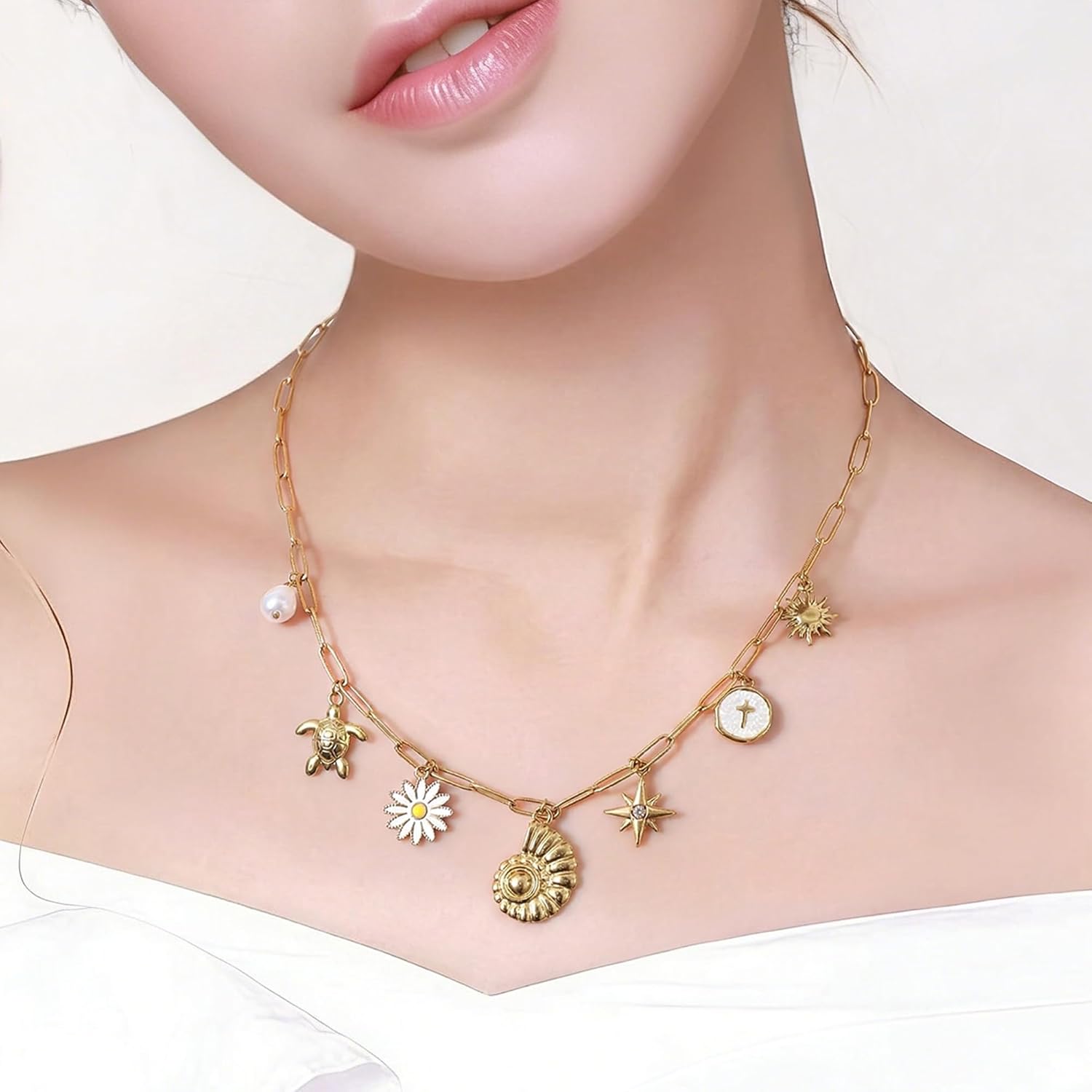 LALAPPLE Chunky Charm Necklace for Women 14K Gold Plated Stainless Steel Trendy Cute Summer Beachy Charm Pendant Hypoallergenic,Boho Summer Seashell Beach Starfish Surfer Jewelry - Image 3