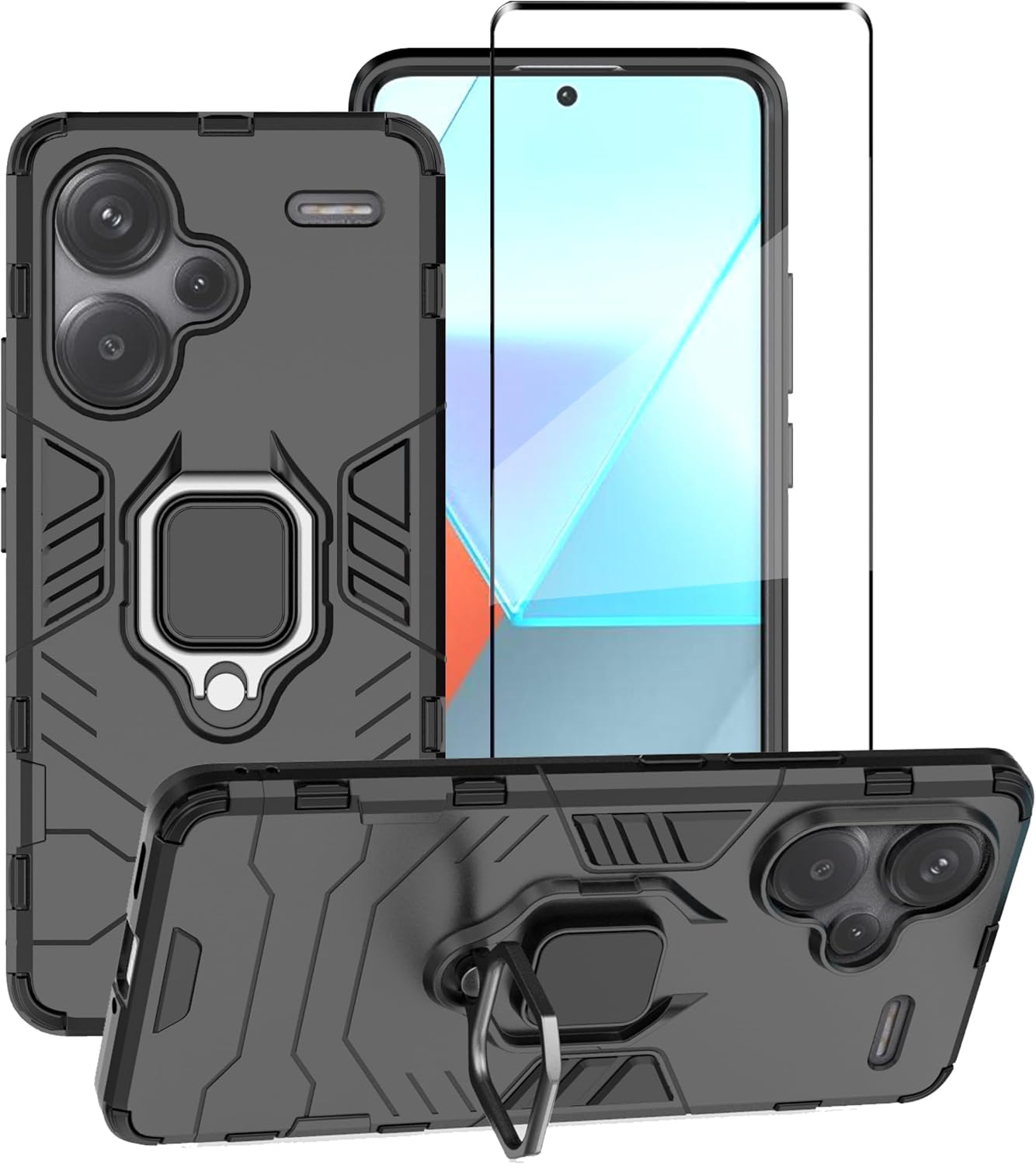 Phone Case for Xiaomi Redmi Note 13 Pro Plus 5G Case with Full Covered Glass Screen Protector, Heavy Duty Dual Layer Shockproof Protective Cover with Magnetic Ring Kickstand - Black