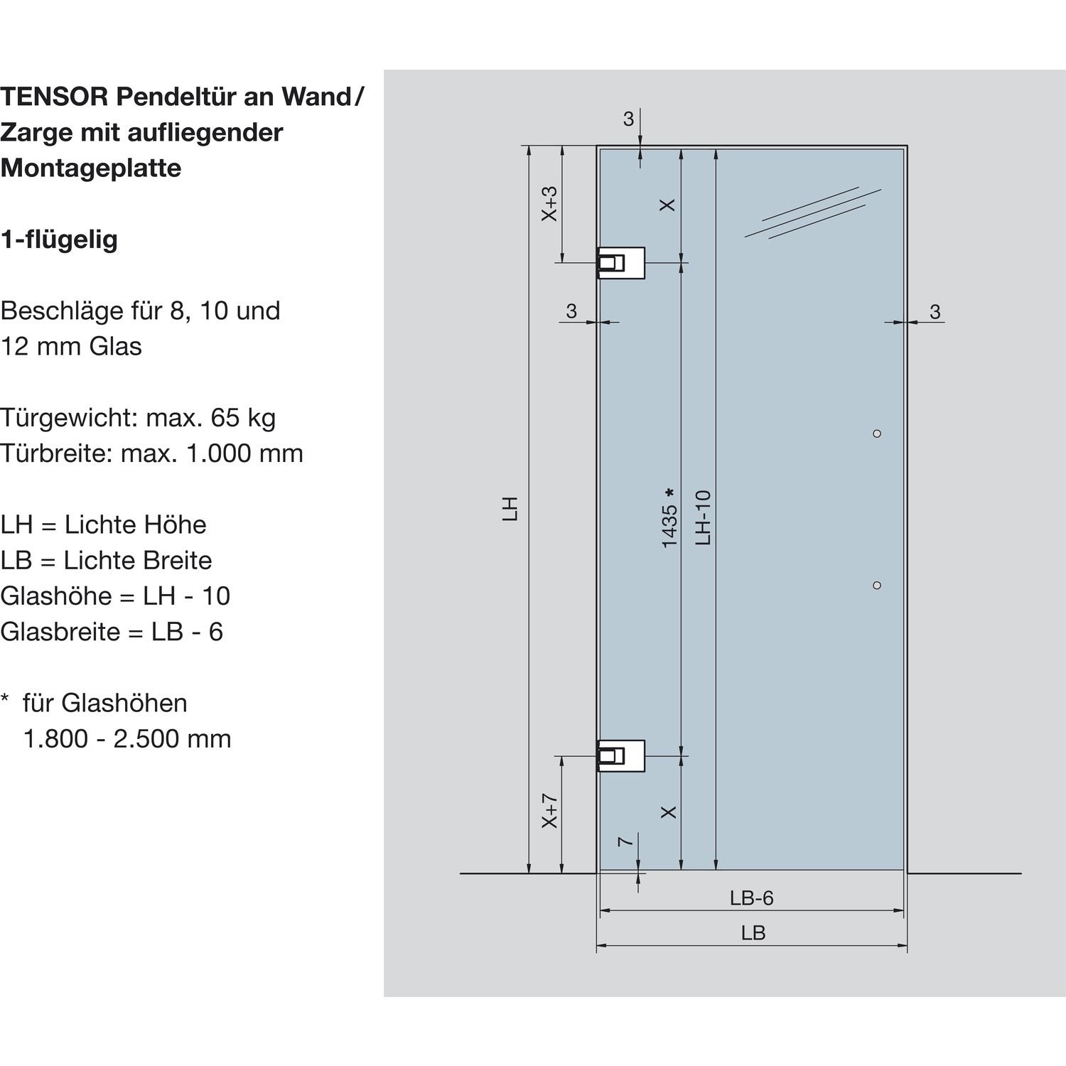 DORMA 81252011399 Tensor - Maniglia per porta a sospensione, in vetro, 1 coppia