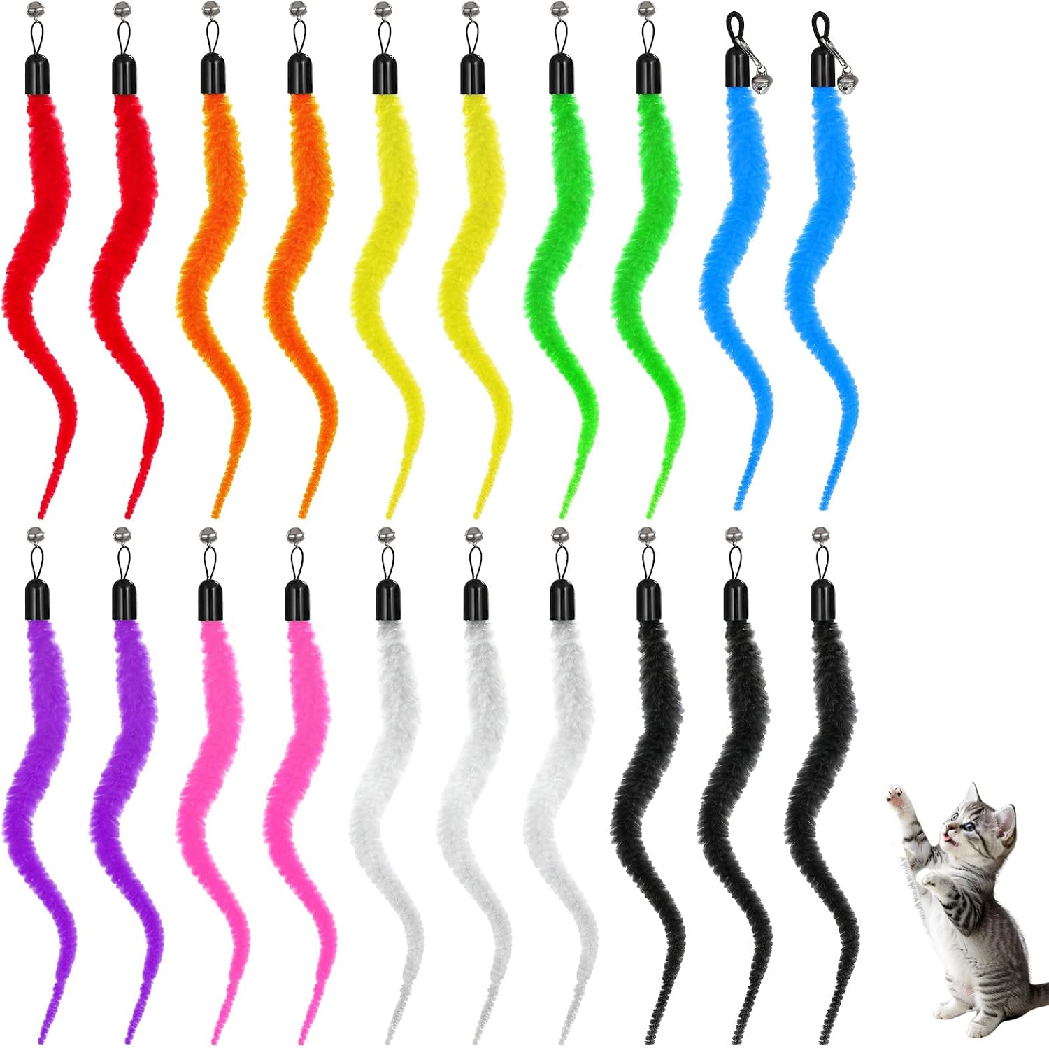 20Pcs Cat Worm Toy Cat Wand Attachment Refill Cats Teaser Toys Feather Toy Attachments Replacements, Interactive Kittens Toys for Indoor and Ourdoor