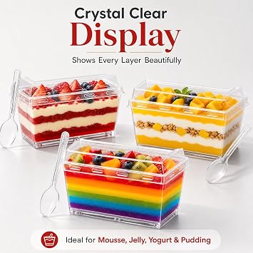 50 Pack Plastic Dessert Cups with Lids and Spoons for Parties Events