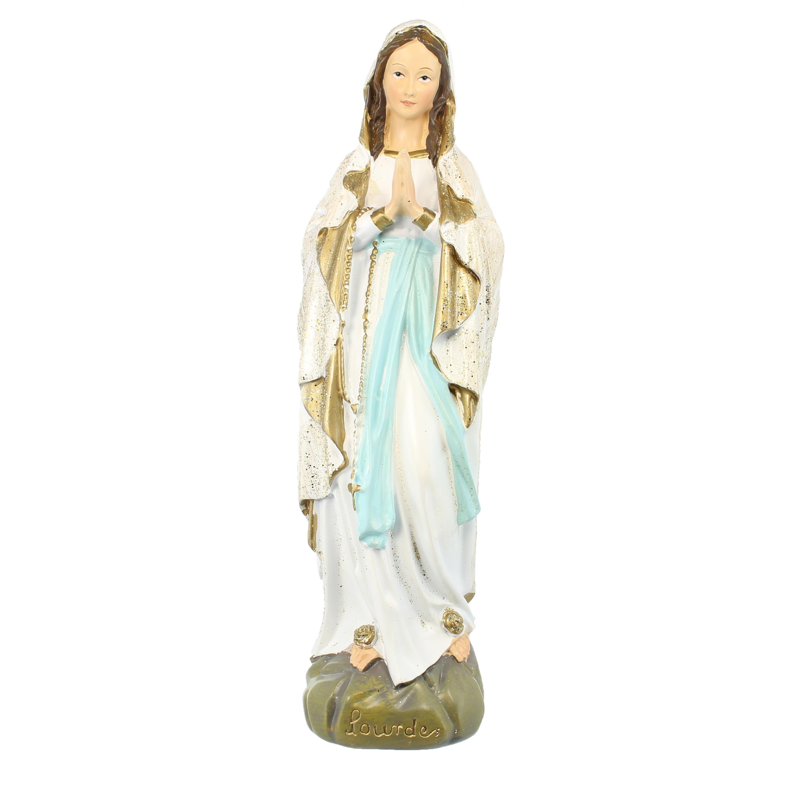 Palais du Rosaire Our Lady of Lourdes Resin Glitter Statue 28cm - Virgin Mary Statue - Christian Worship Plastic