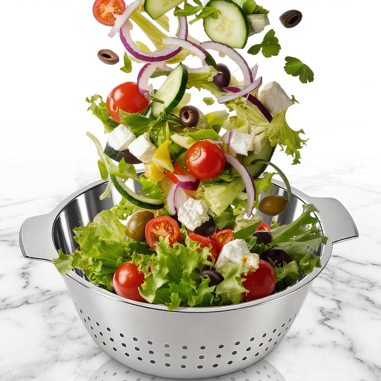 Colador para ensaladas, colador de cocina, colador de acero inoxidable, colador de pasta | diámetro de 24 cm, colador de verduras, colador de verduras, apto para lavavajillas, 2 asas, colador de
