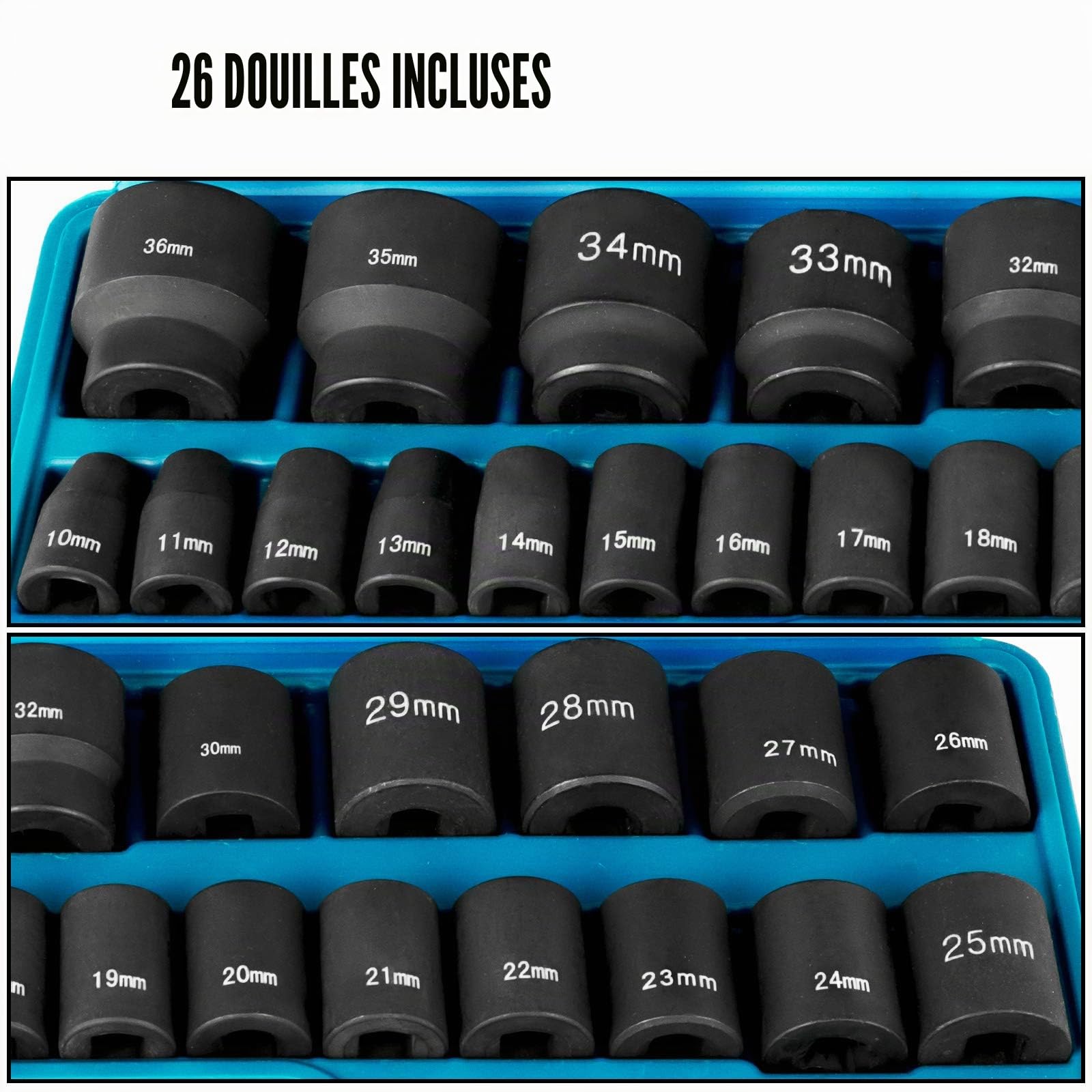 VEVOR Jeu de Douilles à Choc 1/2" 26PCs, 6 Pans en Acier Allié CR-V, Douilles à Impact Peu Profondes 10-36 mm, avec Mallette de Transport, pour Réparation Auto