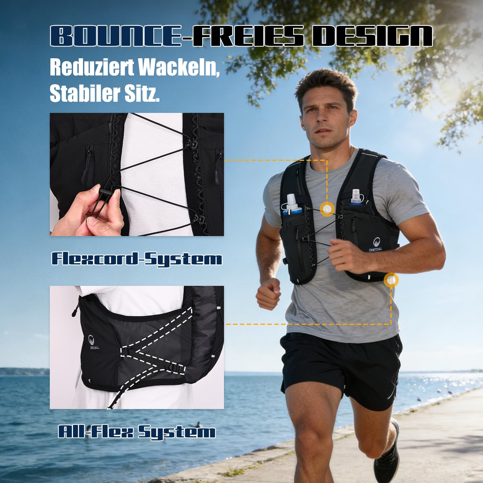 Laufweste Damen und Herren mit Zwei Trinkflaschen Verstellbarer Trinkrucksack mit Lauflicht für Nachtläufe Atmungsaktive Running Vest für Laufen Wandern Joggen Trailrunning