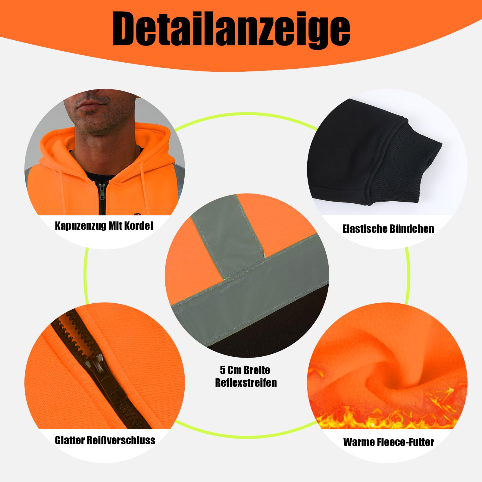 HYCOPROT Hochsichtbarer Sicherheits Hoodie Hi Vis Sweatshirts Fleece Leichte Reflektierende Arbeitsjacke Taschen Sicherheitsmantel mit Reißverschluss mit Kordelzug für Männer und Frauen EN ISO 20471