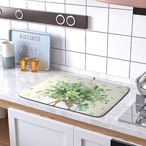 Vista 195 de Tapete de secado de platos con hojas de palma tropicales para encimera de cocina, 18 x 24 pulgadas, tapete de secado de cocina Monstera verde