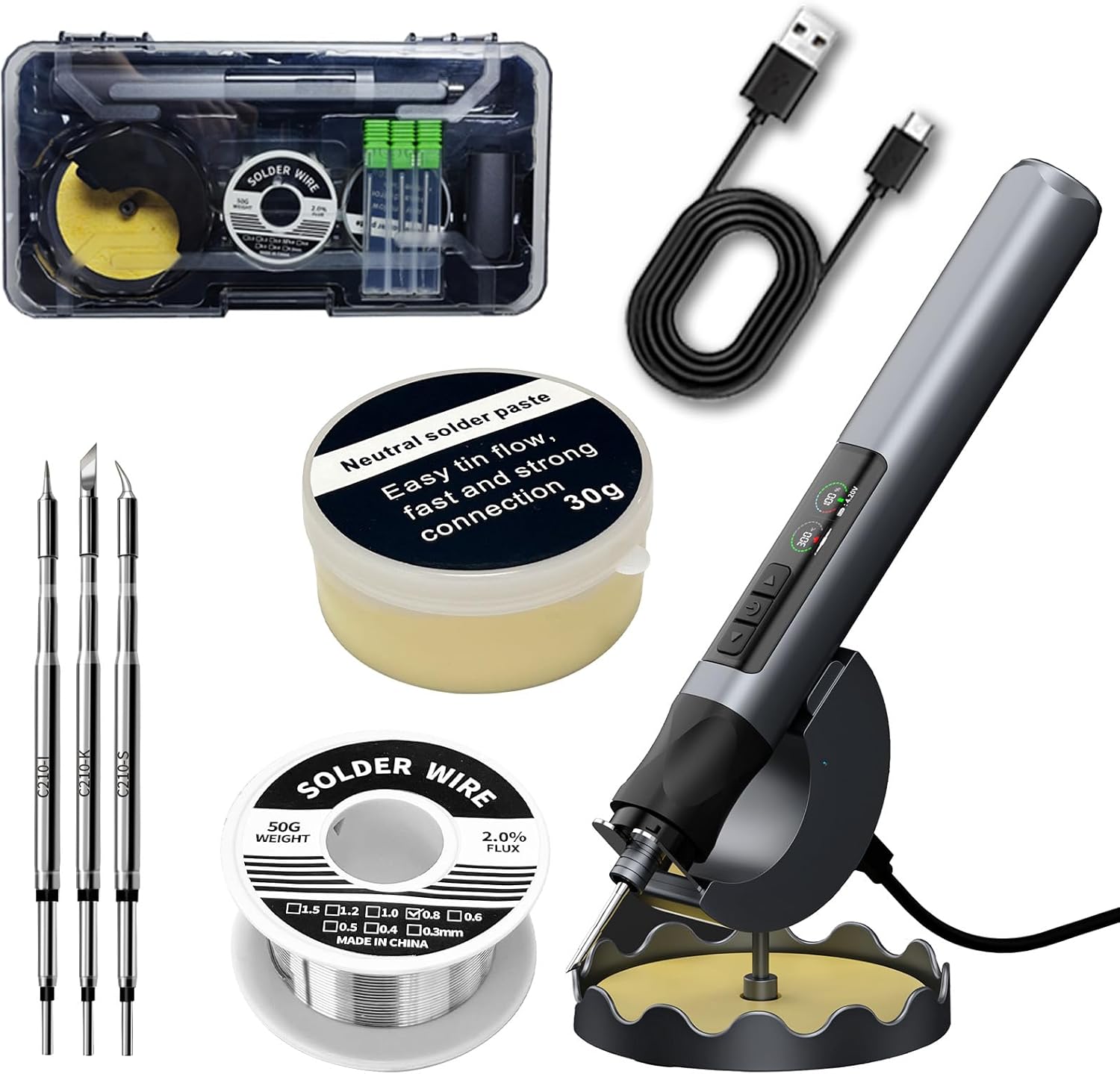 Soldering Iron Kit with Toolbox, 50g Solder Wire, 30g Flux, 3 x C210 Tips, 75W USB Portable, Magnetic Stand with Sponge, LED Display, Temp Control 180°C-480°C, for Electronics Repair