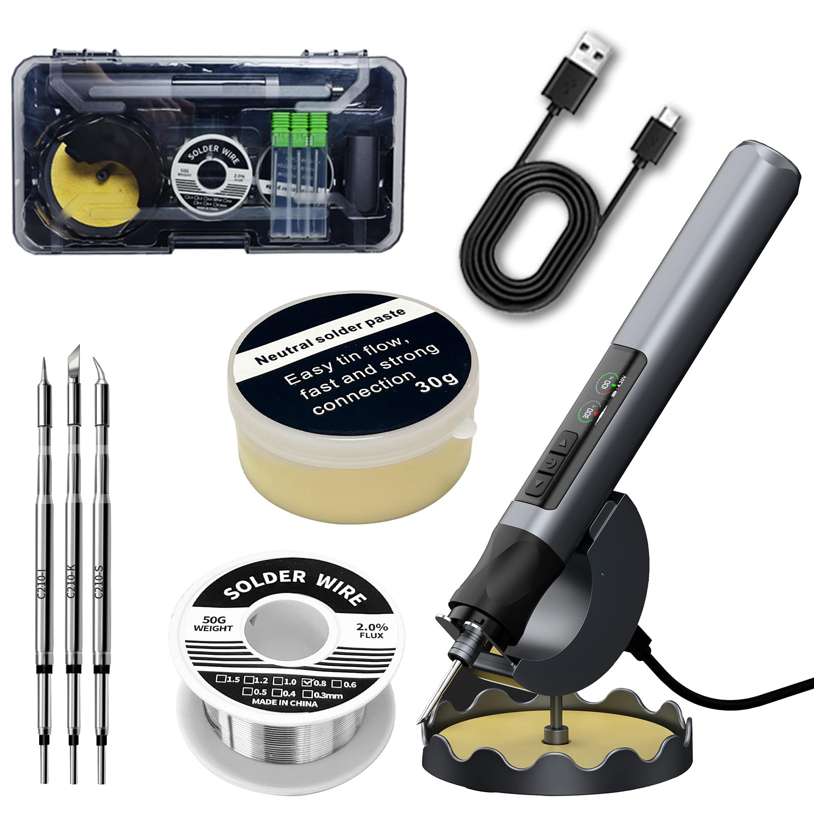 Kit de soldador con caja de herramientas, cable de soldadura de 50 g, flujo de 30 g, 3 puntas C210, portátil USB de 75 W, soporte magnético con esponja, pantalla LED, control de temperatura de