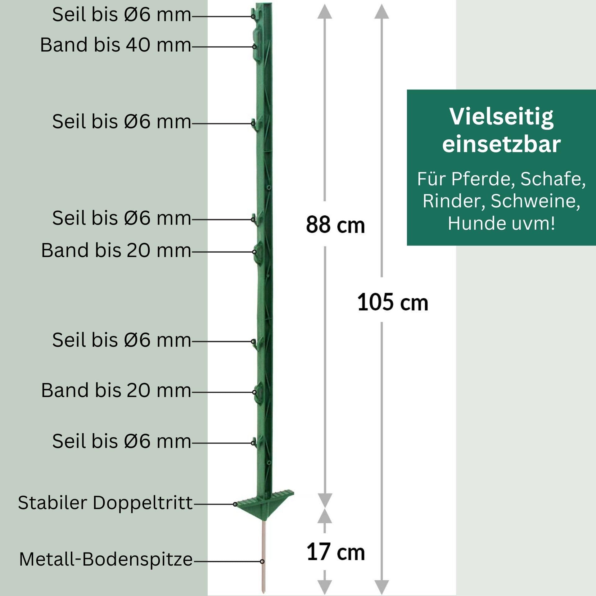 Agrarzone 40x Paletto per recinti in plastica 105cm, doppio predellino, verde - In plastica rinforzata, con 8 occhielli per filo, nastro e corda - Ideali per cavalli, bovini e pollame