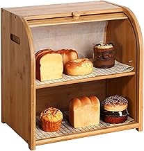 Bamboo Bread Bin 2-Layer Bamboo Rolltop Bread Box for Kitchen Large Bamboo Capacity Food Storage Countertop Bread Storage Bread Bins for Kitchen Retro 15” X 9.8” X 14.5”(Self-Assembly)