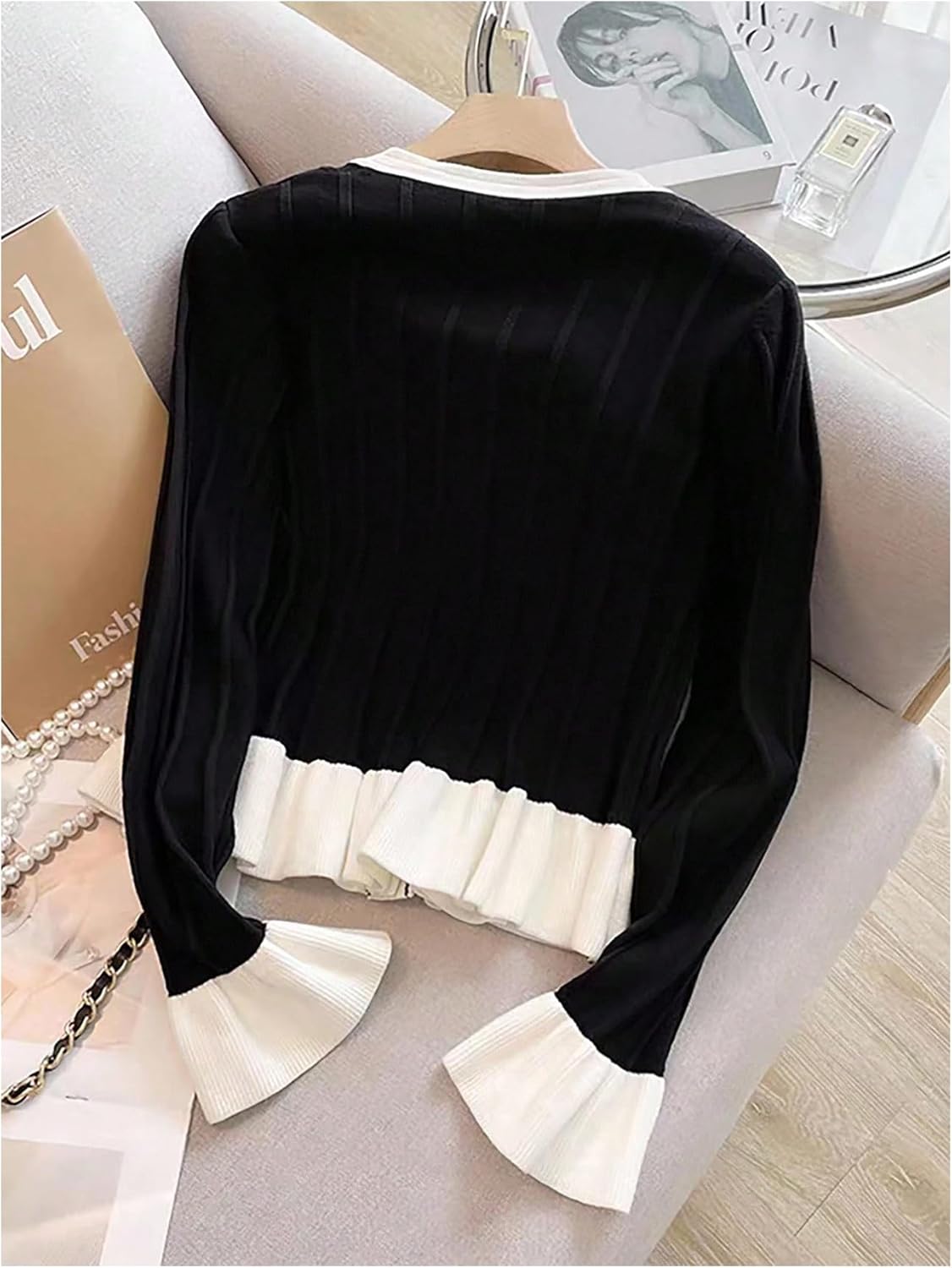 Verdusa Women's Elegant Button Up Cardigan Sweaters Colorblock Ruffle Knit Outwear Formal Outfits - Image 2