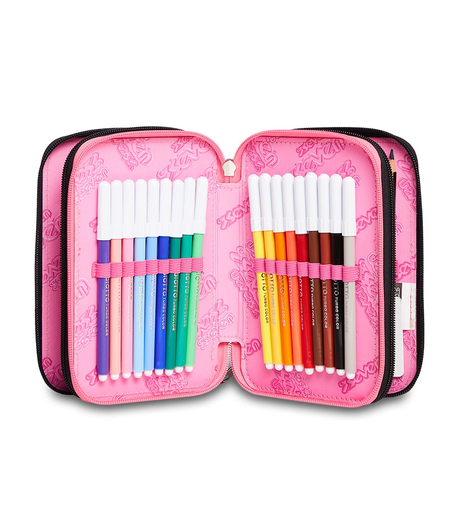 Astuccio Scuola Seven 3 Scomparti - Yourself Girl Ragazza - Completo di Matite, Pennarelli - Nero, Rosa