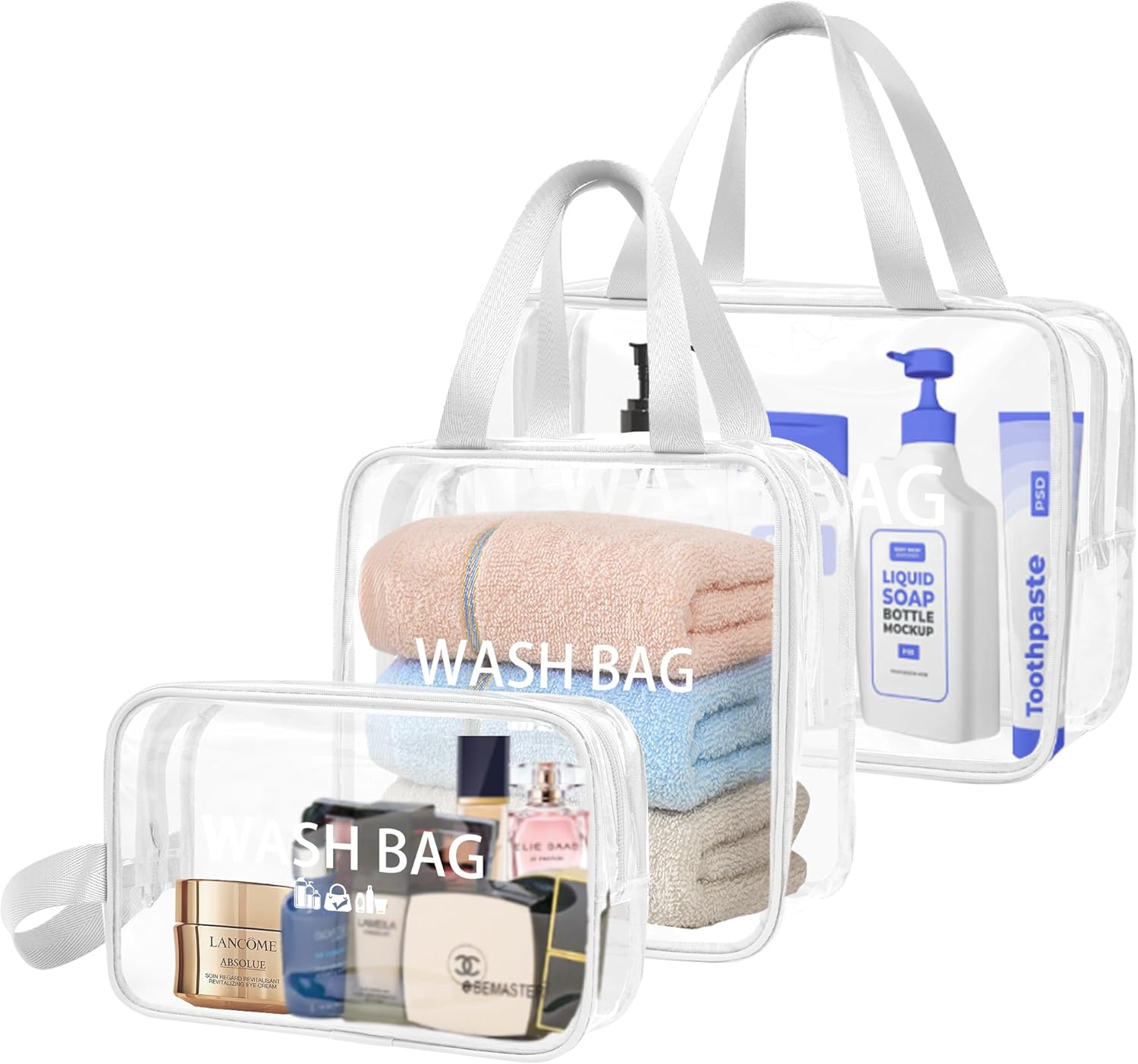 ZIOISNM 3 Pieces Clear Toiletry Bag for Women, Waterproof Clear Makeup Bag with Handles, PVC Travel Plastic Tote Bags, Travel Essentials (White)