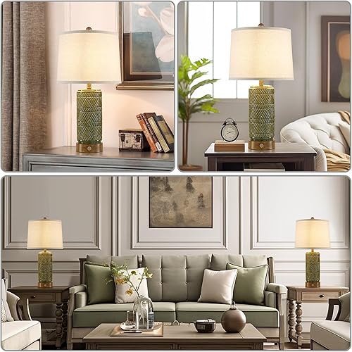 Miniatura 3 de RORIA Juego de 2 lámparas de mesa táctiles retro para sala de estar, dormitorio, lámpara de mesita de noche regulable de 3 vías con 2 puertos USB,