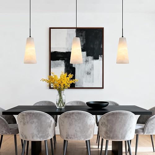 Miniatura 4 de Luces colgantes de alabastro natural, isla de cocina, pantalla cónica de mármol blanco, modernas lámparas de techo negras para dormitorio, comedor,