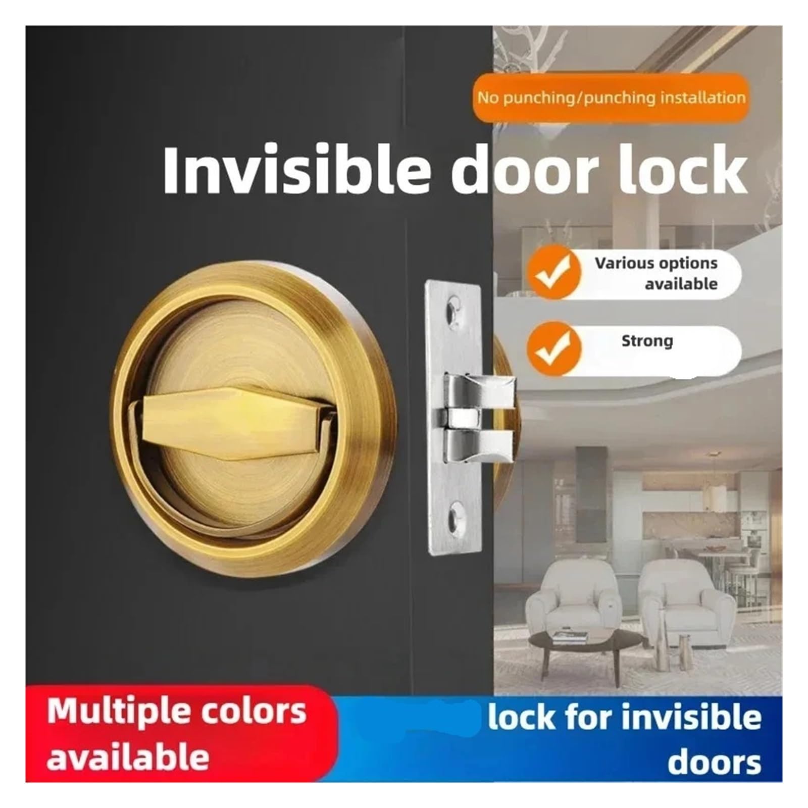 Oculto Empotrado Copa Puerta Cerradura invisible con anillo de tracción acero inoxidable integrado