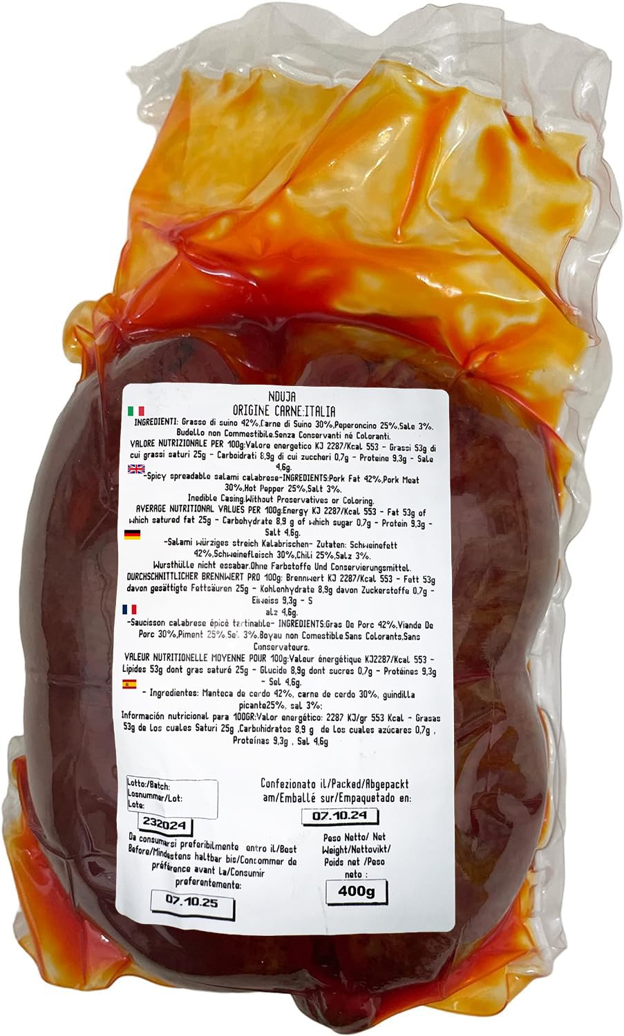 Nduja Di Spilinga Reserva Premium de Cerdo Negro De Luca 100% Italiano 400g
