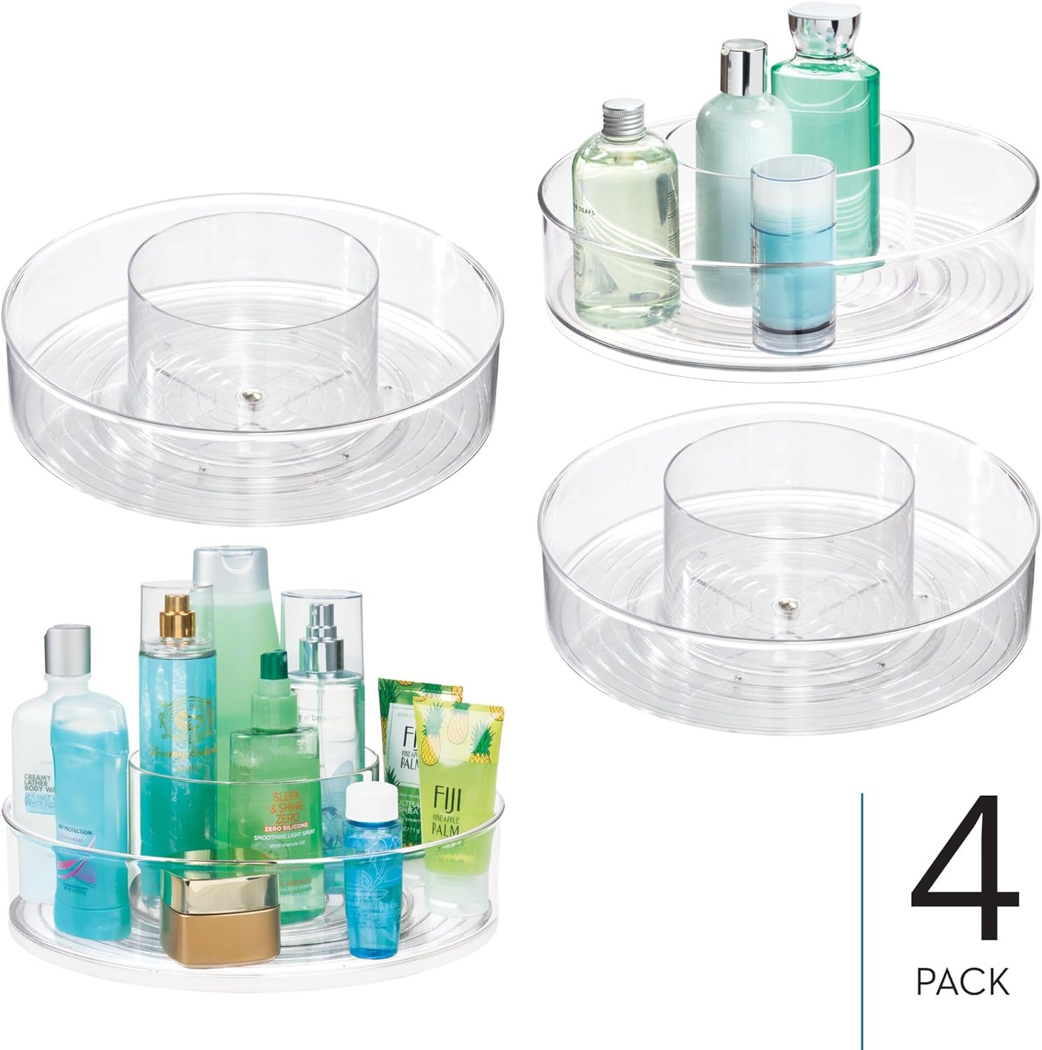 iDesign 12-inch Divided Lazy Susan for Bathroom Storage - Set of 4 - Clear