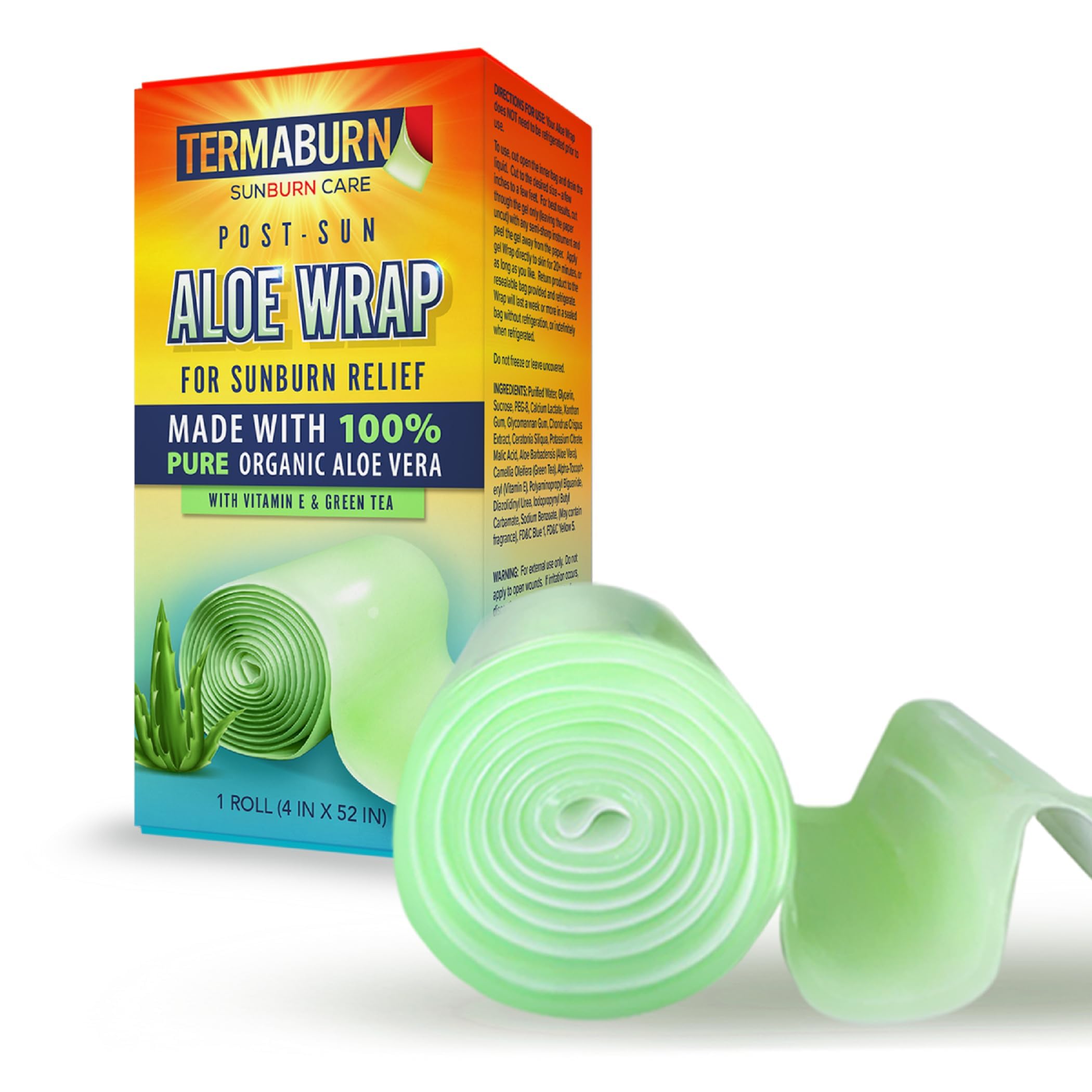 TermaBurn Aloe Wrap for Sunburn Relief – New Hydro-Gel After Sun Organic Aloe Skin Treatment for Long-Lasting Relief from Pain, Itching, and Peeling. Made in The USA with 100% Certified Organic Aloe