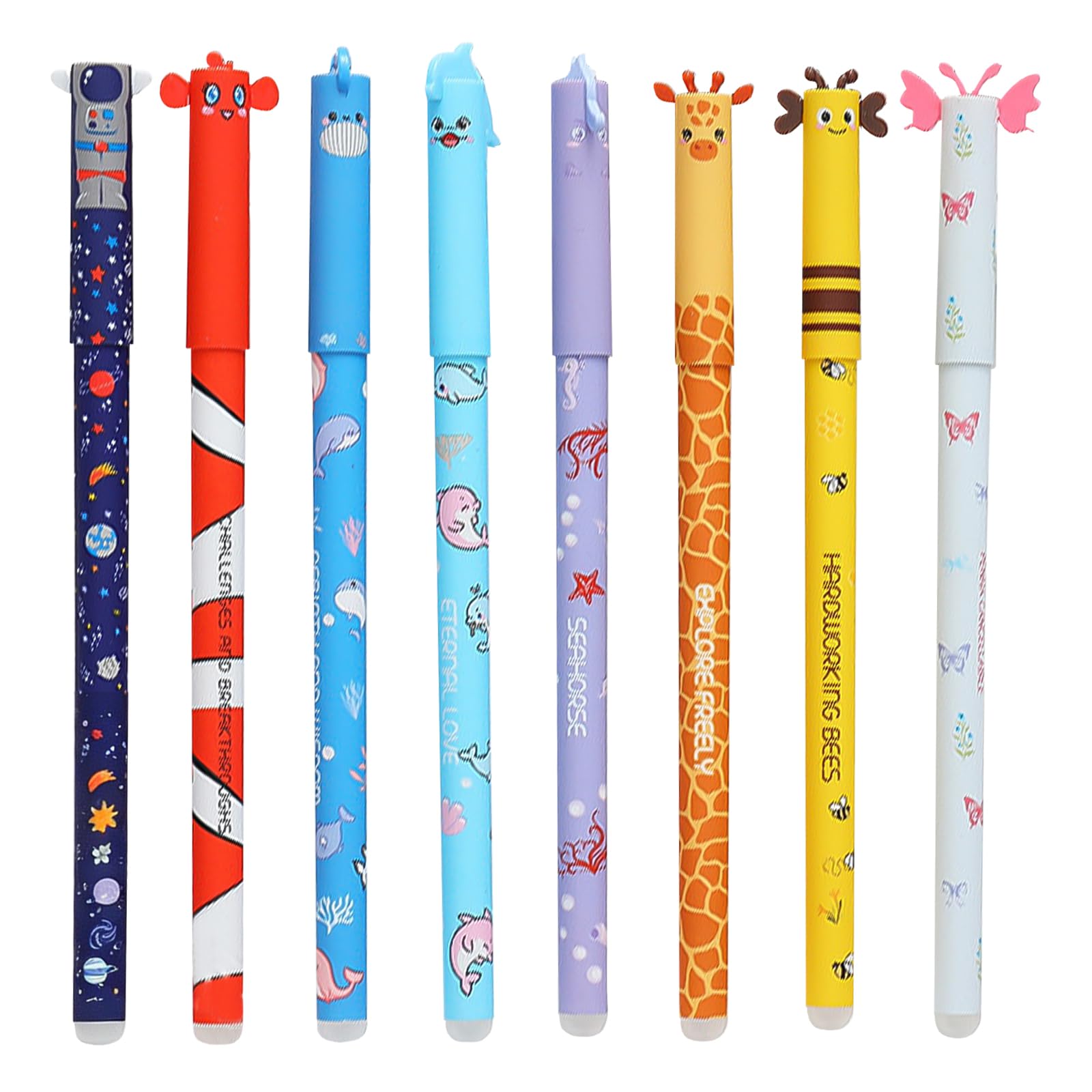 8pcs Erasable Gel Pens ErasablePens Animals Cartoon with Thermosensitive Erase Ink Butterfly giraffe honeybee seahorse clownfish dolphin whale astronaut For Office School Stationery Supplies (0.7mm)