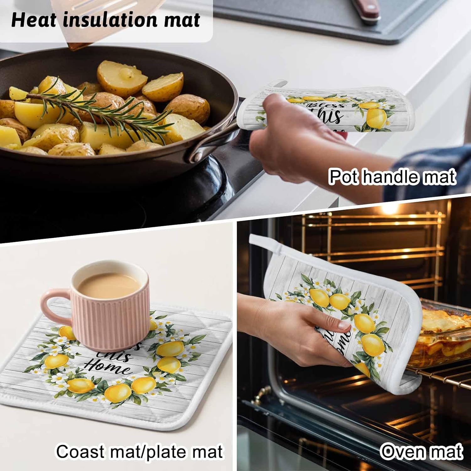 5 Pack Pot Holders for Kitchen, Summer Lemon Hot Pads for Kitchen Countertops Oven Pot Holder Bulk, Farmhouse Country Grey Wooden Garin Heat Insulation Potholders with Hanging Loops