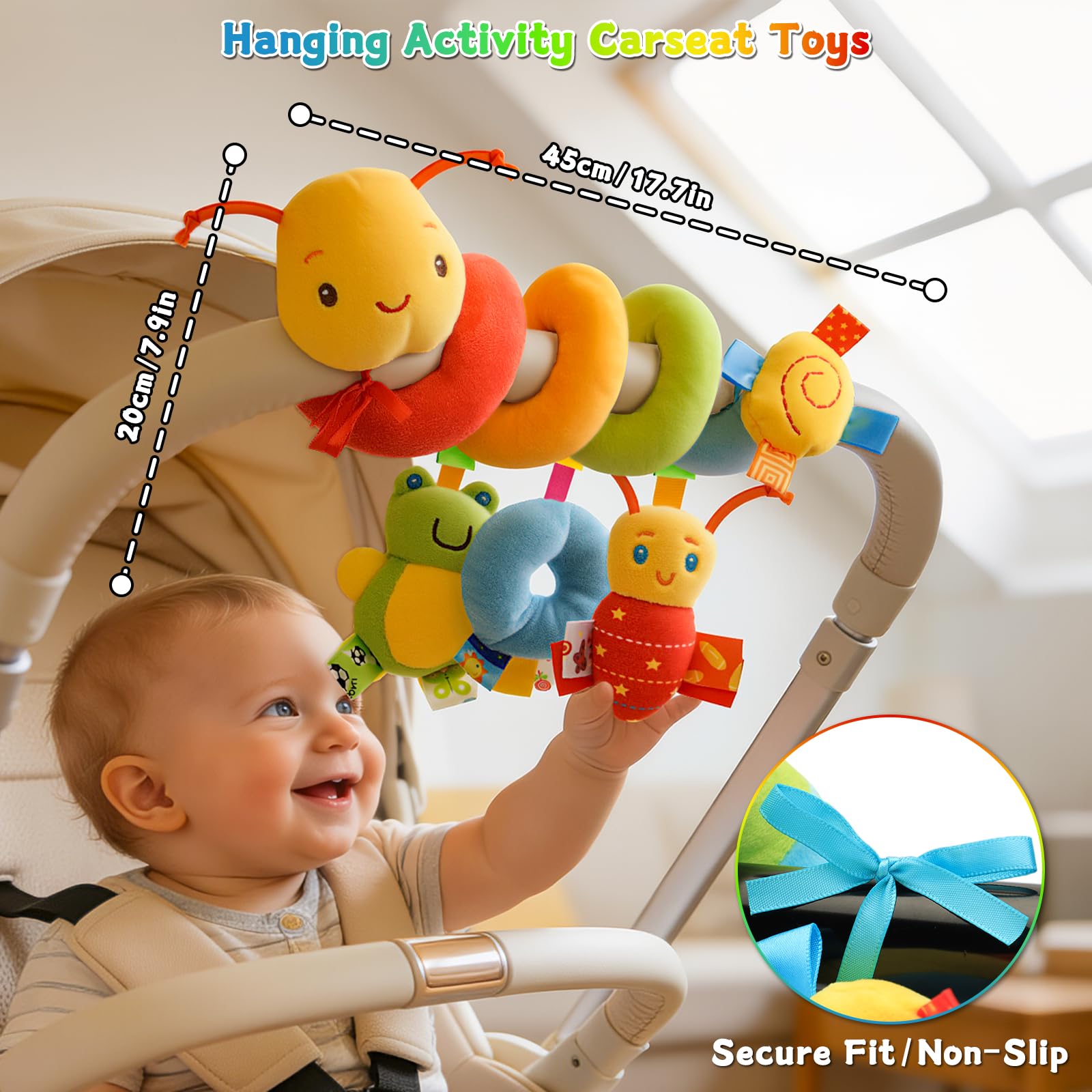 YELUFT Spiral Pram Toys for Babies - Wrap Around Pushchair Stroller Car Seat Toys for 0 3 6 9 12 Month Plush Activity Rattle Hanging Toy Sensory Gift for Newborn Infant Baby — view 7