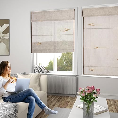 Miniatura 3 de Persianas romanas de bambú opacas sin cordones con salvia, persianas de ventana de caña de tejido natural con borde, persianas de bambú enrollables