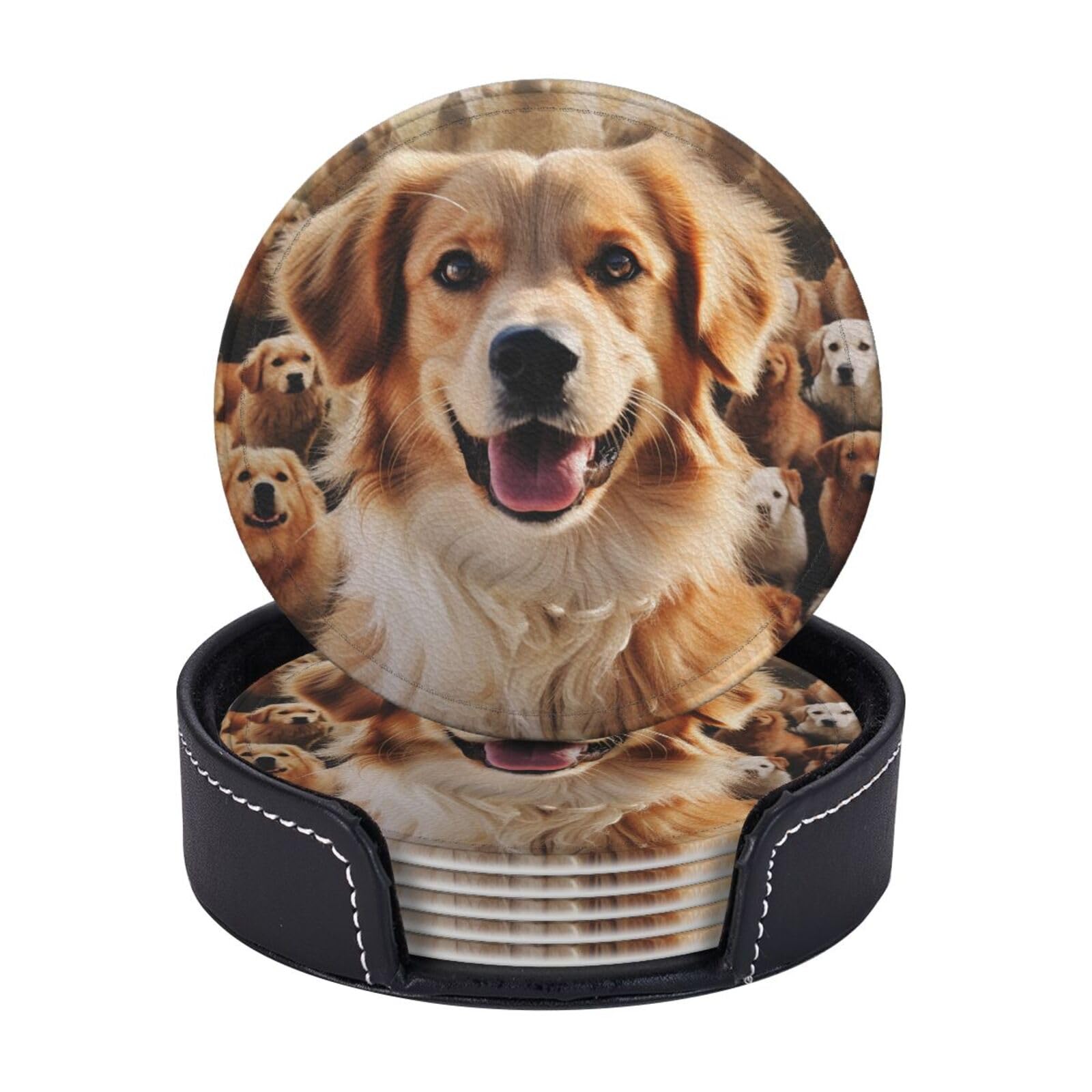 6Pcs PU Leather Coaster for Drinks, Dogs Retriever Cup Coasters with Holder, Aesthetic Drink Coasters for Coffee Table, Round Coaster for Tabletop Protection 4" Cup Mat Pad