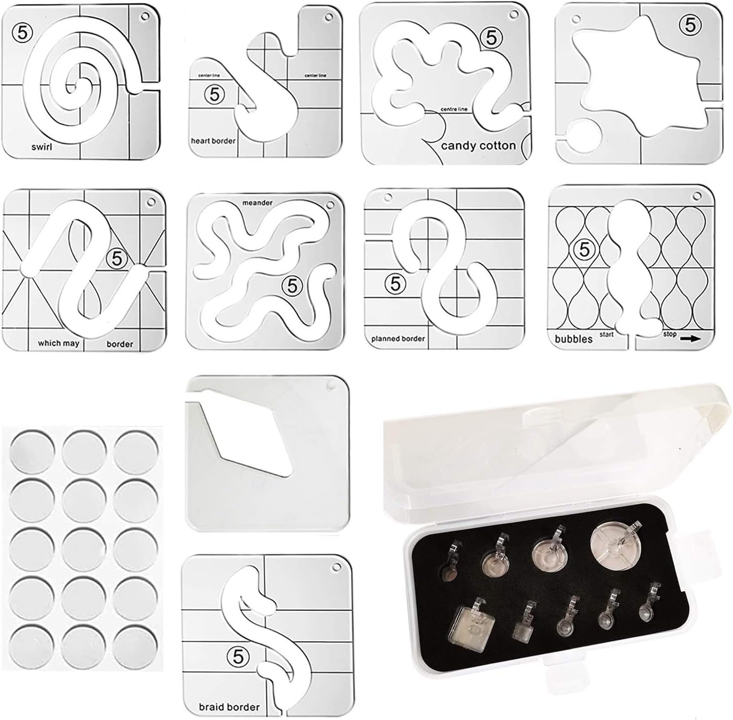 YICBOR 10pcs Free Motion Quilting Template Series 5+9pcs Low Shank Quilting Ruler Foot Set+1pack Non-Slip Ruler Grips, 30/Pkg