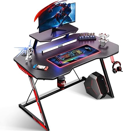 Amazon Co Jp Motpk ゲーミングデスク Pcデスク パソコンデスク 幅100cm 奥行60cm天板厚み15ｍｍ 作業スペース広い カーボン調でオシャレ モニター台付き 首にやさしいモニターアーム機器対応 ゲーマー向け ワークデスク ゲームデスク ドリングホルダー付き フック付き