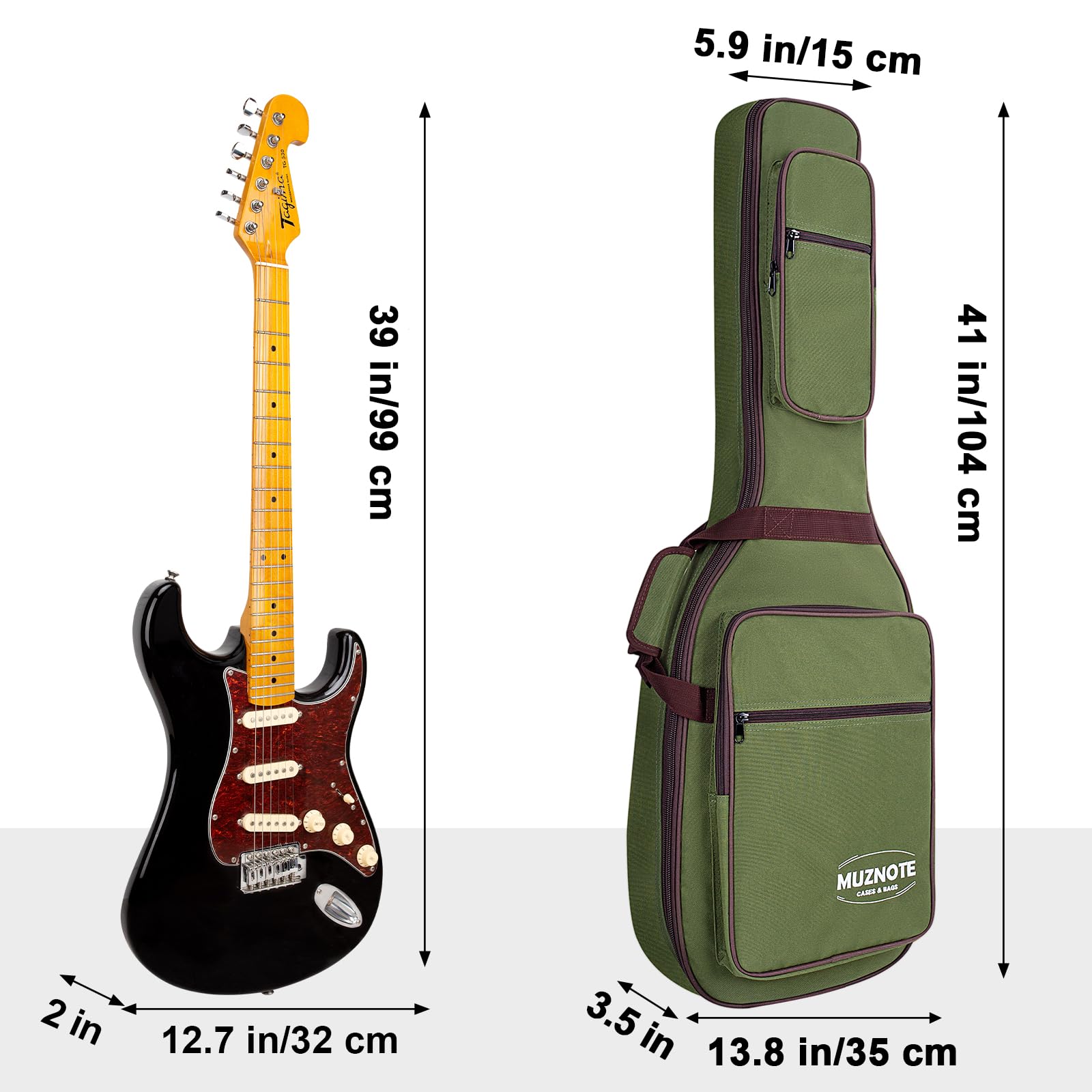 MUZNOTE Tasche für E-Gitarren, verstärkt, 1,2 cm dicker Schaumstoff, weich gepolsterte Gitarrentasche mit 4 Taschen, Gigbag für E-Gitarre, Nacken-Halterung, Schlaufe für 39 E-Gitarren