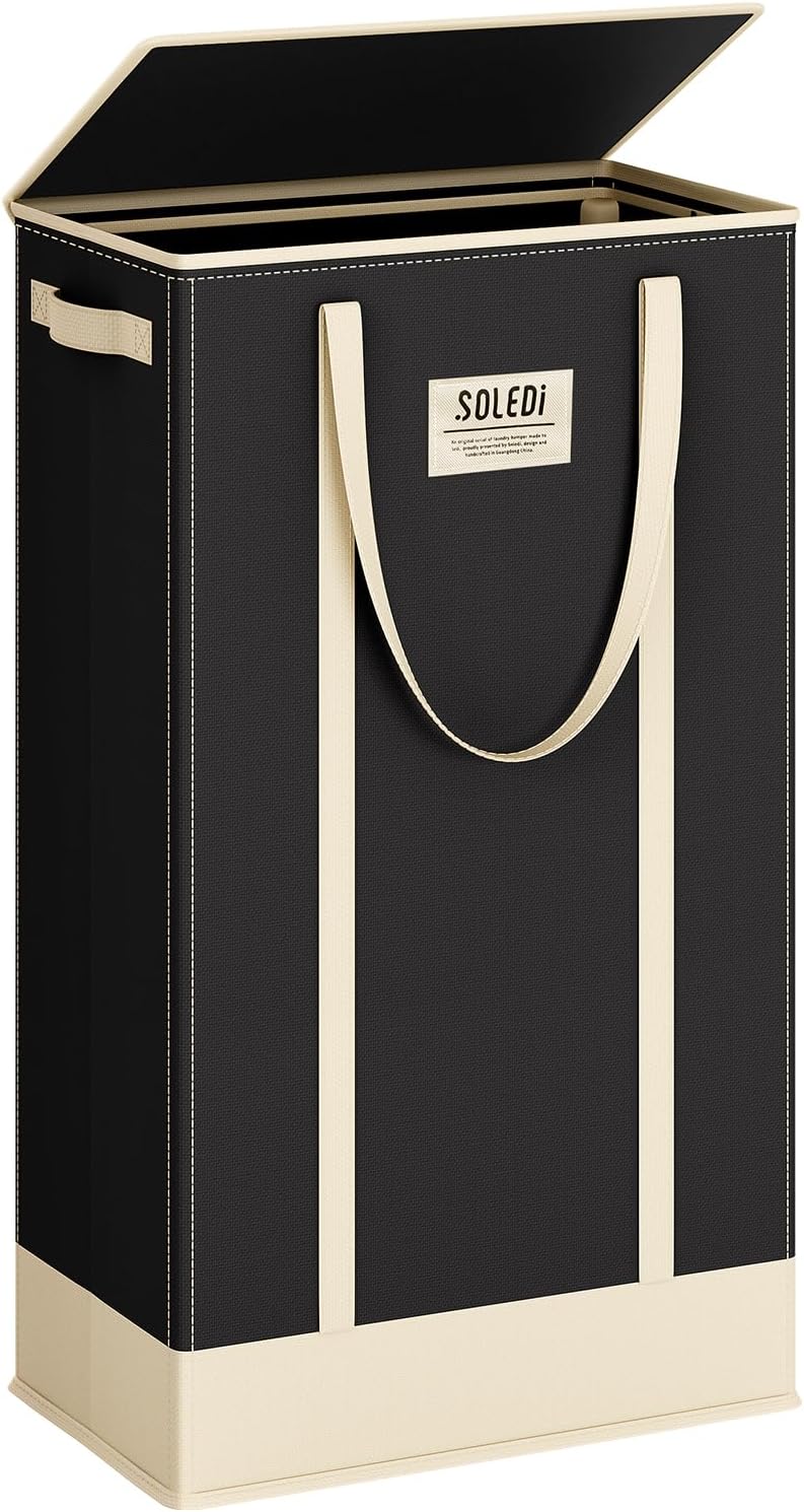 SOLEDI 75L Slim Laundry Basket with Lid,Collapsible Narrow Laundry Hamper with Handles,Tall Skinny Dirty Clothes Hamper for Laundry Room,Dorm,Bathroom,Bedroom,and Small Spaces, 75L Black