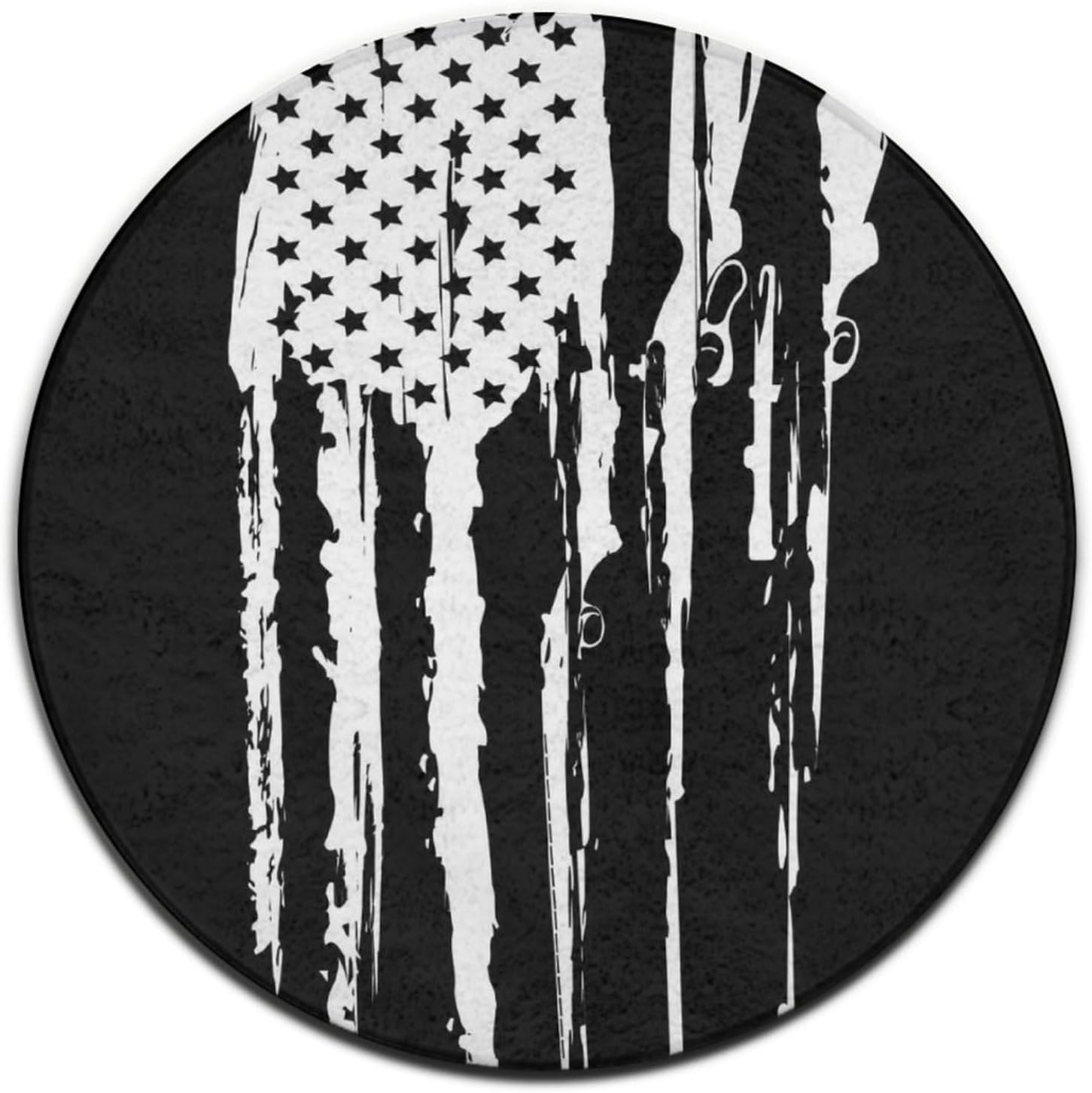 Ultra Soft Round Area Rugs Black and White Gun Design American Flag for Bedroom Anti-Slip Nursery Rug Family Room Living Room Carpets Play Mat Easy to Clean