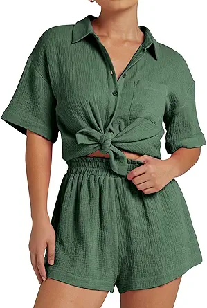 Flygo Womens Casual 2 Piece Outfits Cotton Linen Sets Button Down Shirt Top Shorts Pajama Set Tracksuit