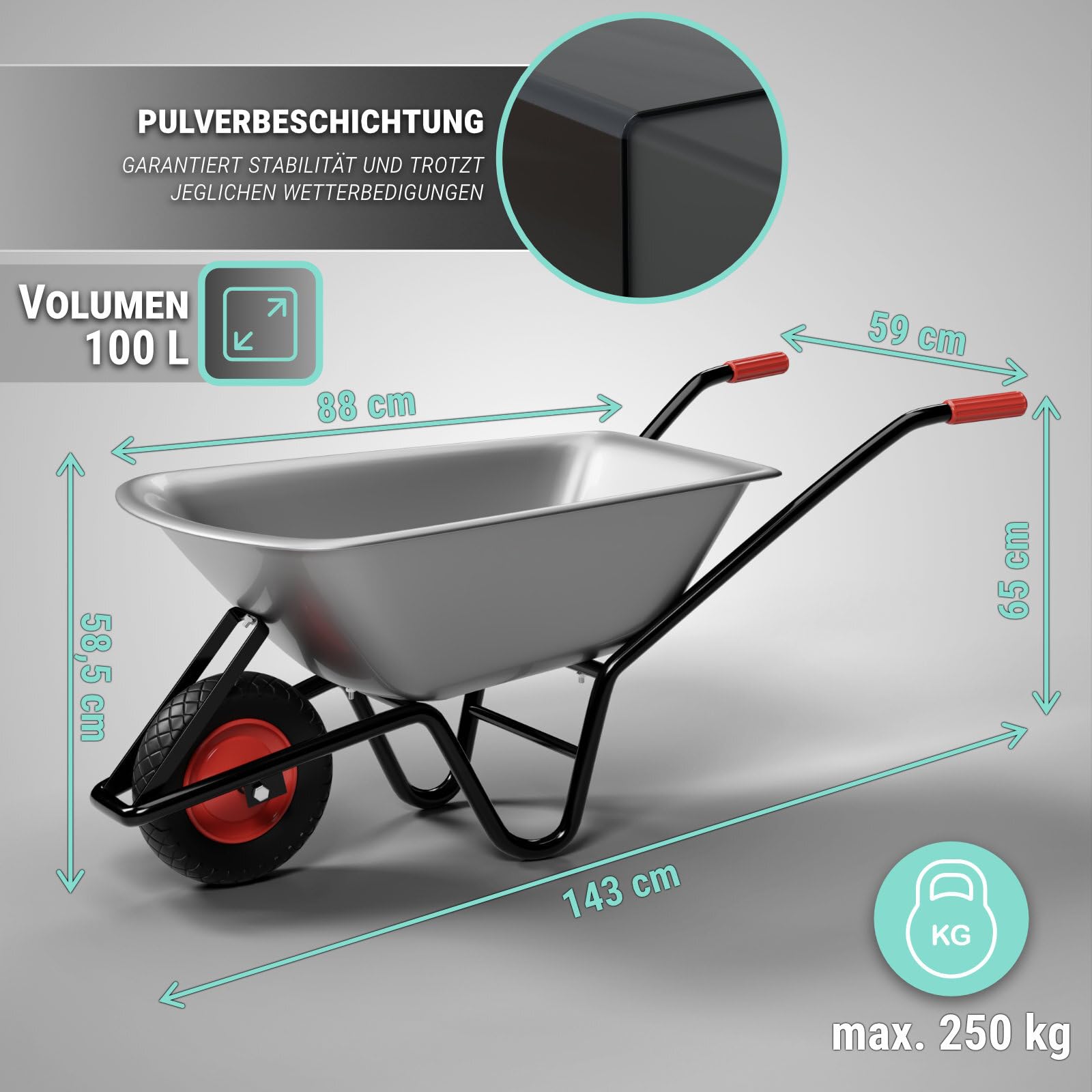 Schubkarre | 100 Liter Kapazität | 250 kg Tragkraft | verzinkter Stahl | pulverbeschichteter Rahmen | 40 cm Reifen | vielseitig